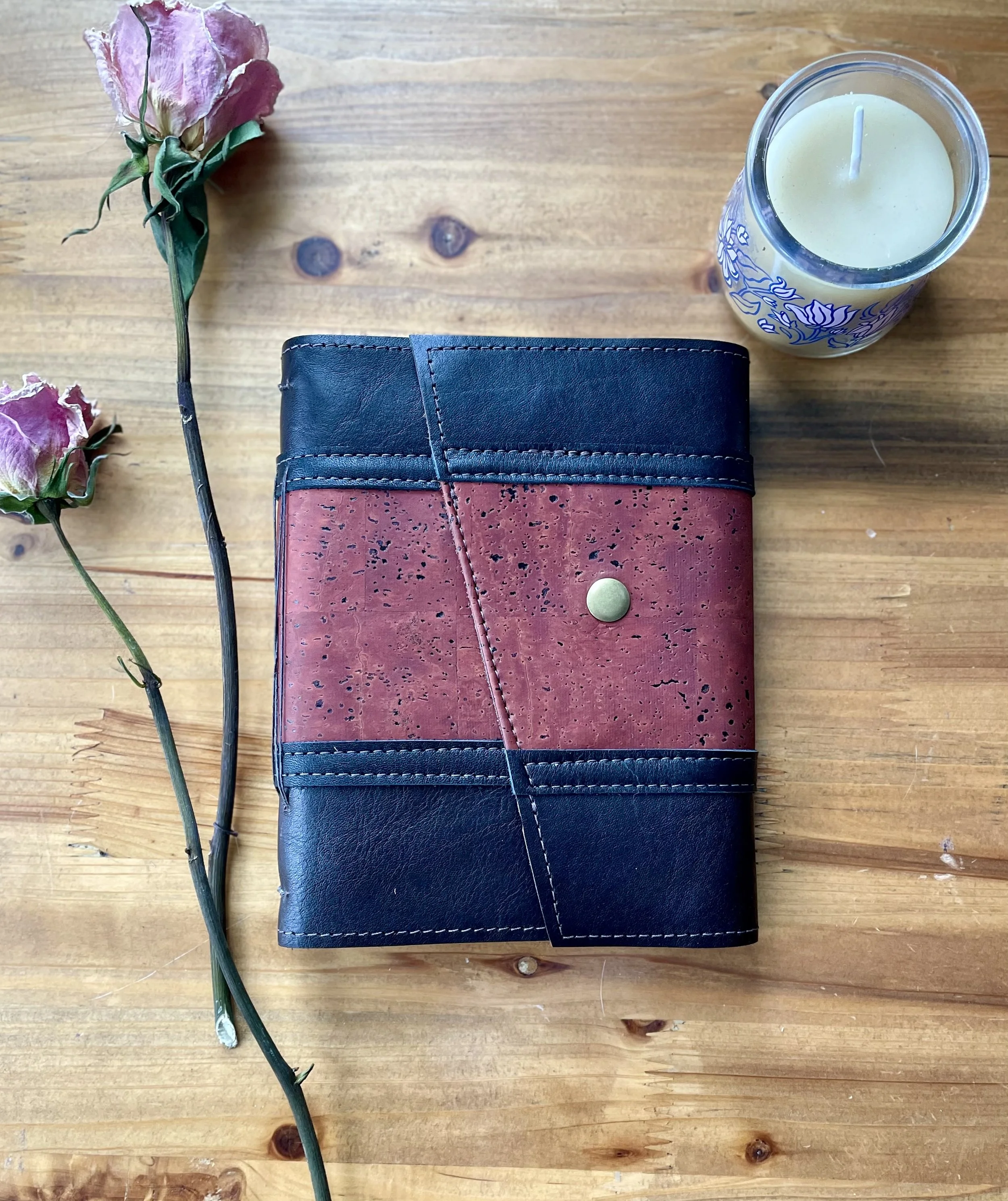 Medium Black Leather Journal with Red Cork - Handbound