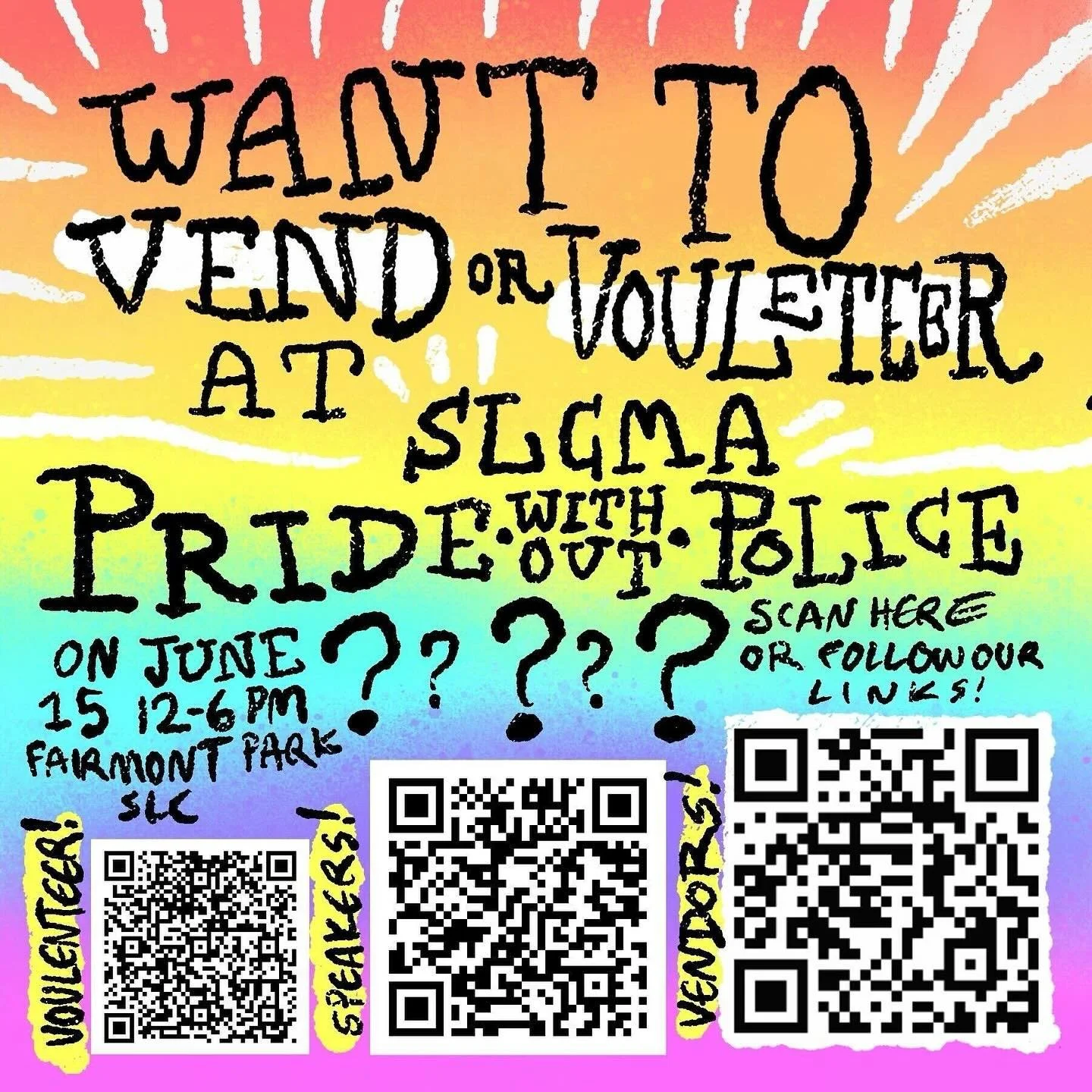 Want to vend or volunteer at Pride Without Police? Follow the links!! Volunteers, vendors, and speakers/workshops still needed! Come hang out with us. 

(Image description: a rainbow background with text reading &ldquo;want to vend or volunteer at SL