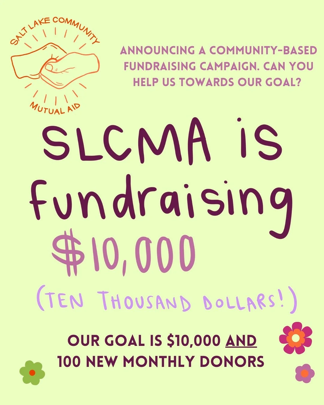 Announcing a community-based fundraising campaign! We need your help to keep the work going! 

Mutual aid runs on community support. As part of our campaign we'll be posting educational content about mutual aid, and about the work that SLCMA is doing