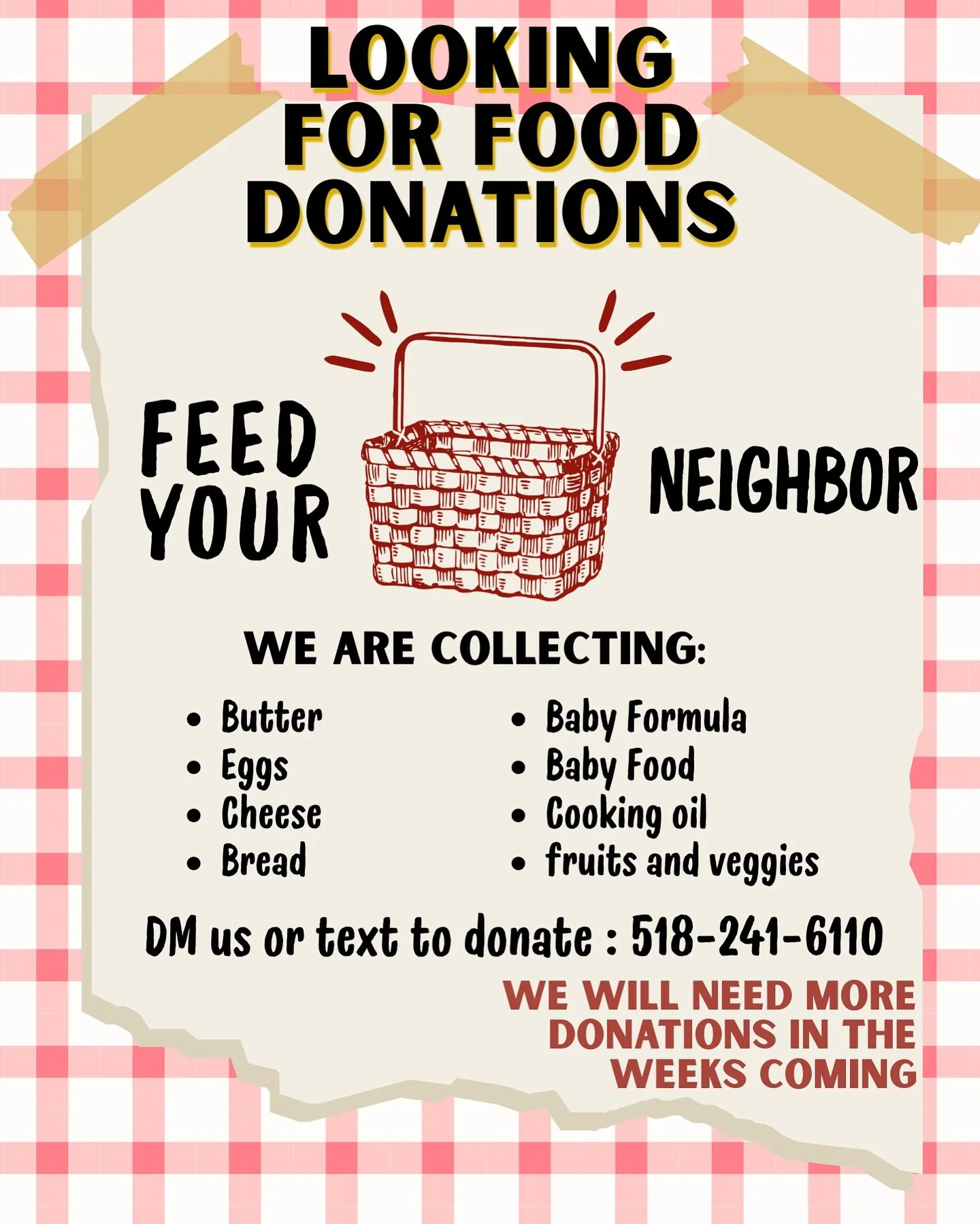 LOOKING FOR FOOD DONATIONS!! we are collecting:
-butter
-egg
-cheese
-bread 
-baby formula 
-baby food 
-cooking oil 
-fruits and veggies 

DM us or text to donate: 518-241-6110 

feed your neighbor! 

we will continue to need donations in the weeks 