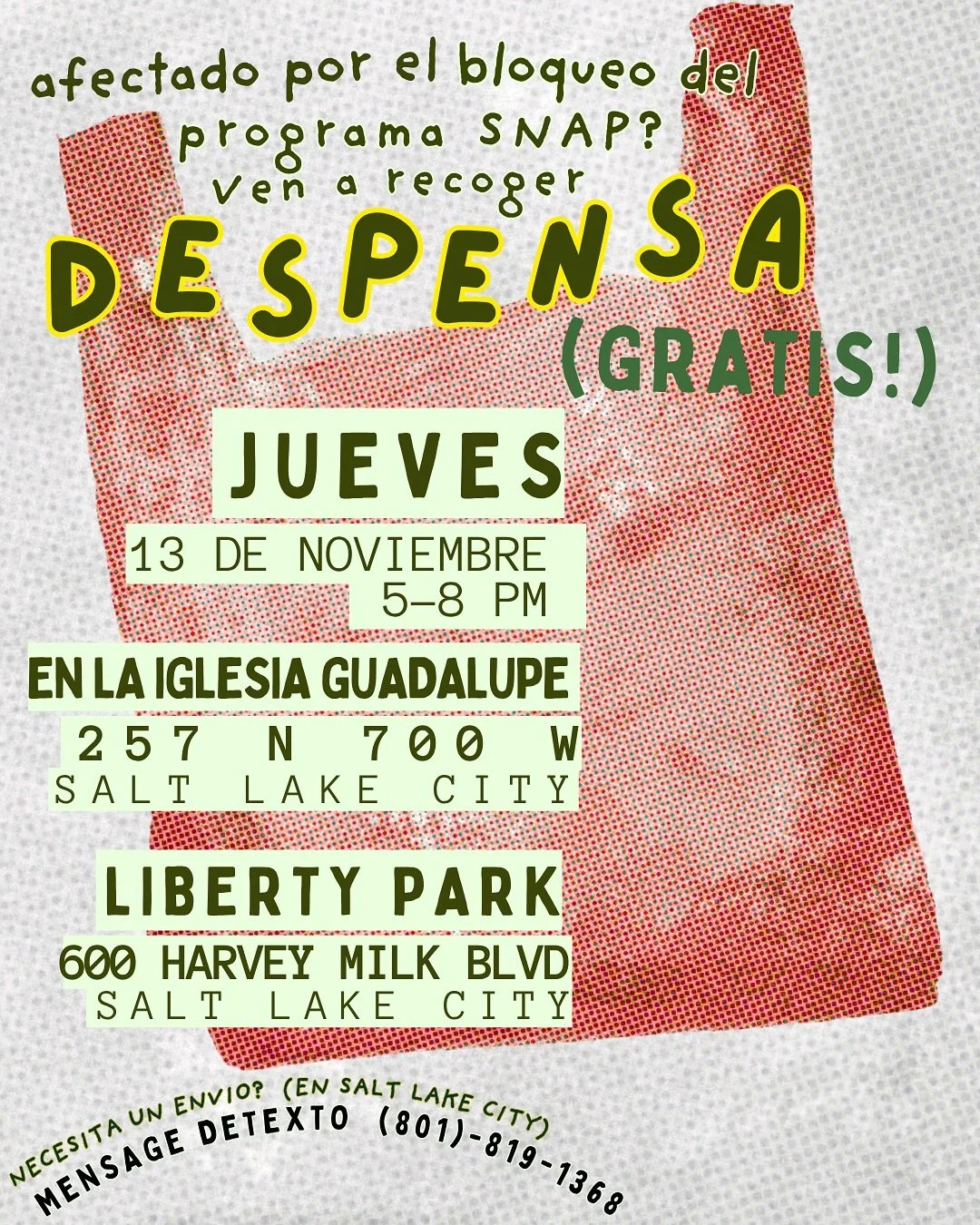 *UPDATED FLYER*

if you texted our previous number today after 4:30pm, please send a message to our NEW number, 801-819-1368

all deliveries will be managed through that number now! if you were unable to receive a donation this week, stay tuned for d