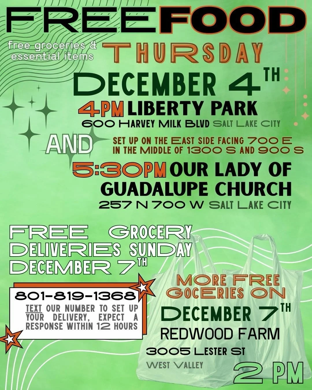 Comida Gratis
dispensa gratis y art&iacute;culos esenciales
Jueves 4 de Diciembre
4pm Liberty Park
600 Harvey Milk Blvd, SLC 
En el lado este, enfrente de 700 E. En mediado de las calles 1300 S y 900 S 
y
5:30pm  Our Lady of Guadalupe Church
257 N 70
