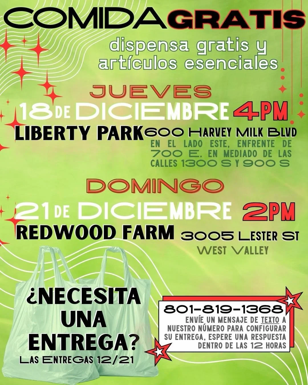 Free groceries &amp; essential items
Thursday, Dec 18 at 4pm
Liberty Park, 600 Harvey Milk Blvd 
on the East side facing 700 E between 1300 S and 900 S
and more free groceries and essential items ↙️
Sunday, Dec 21 at 2pm
Redwood Farm, 3005 Lester St,