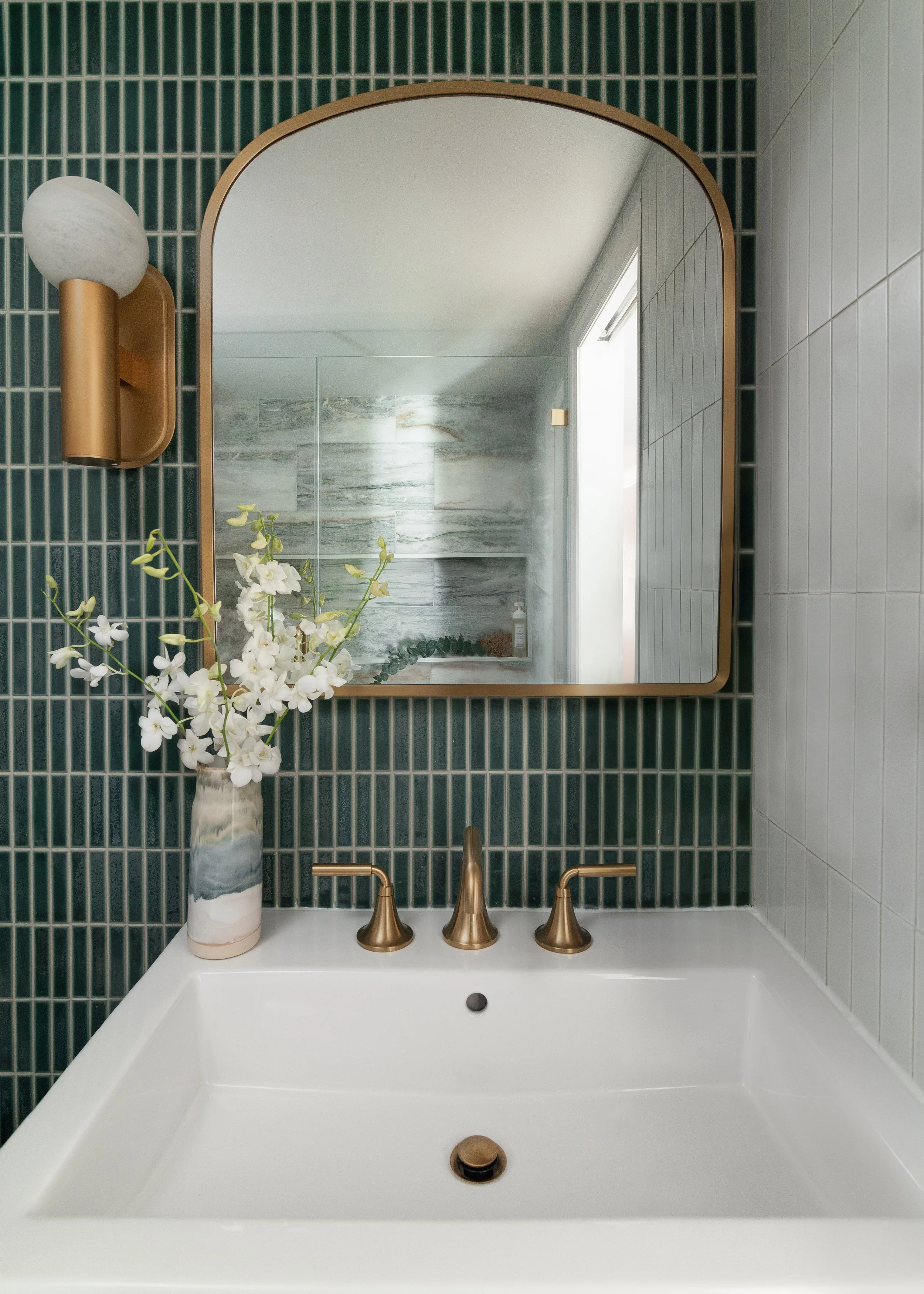 Small Bathroom with Bold Tile Choice, Green Bathroom, Ann Sacks Green TIle 