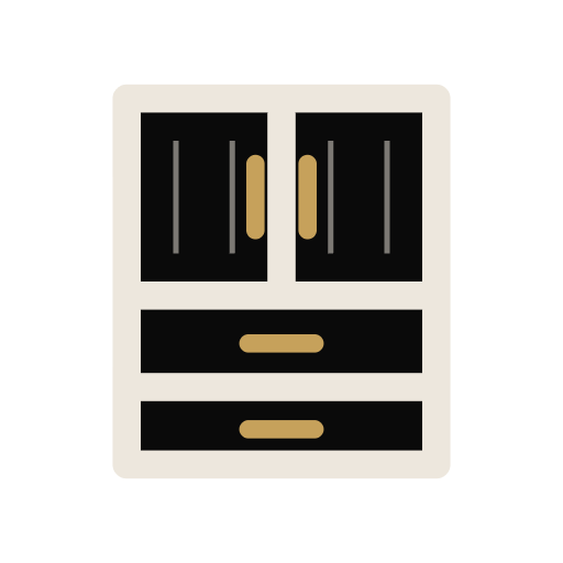 Icon of a refrigerator with double doors and drawers at the bottom.