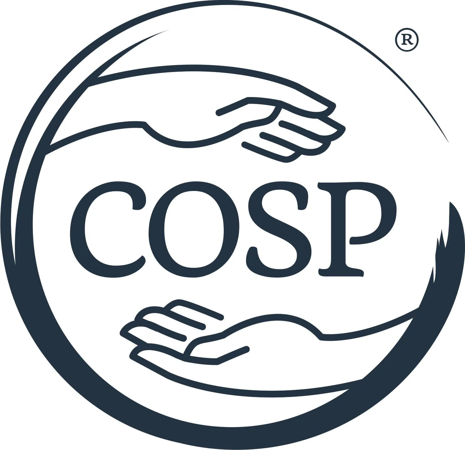 Logo with the word 'COS' and two hands forming a circle around it.