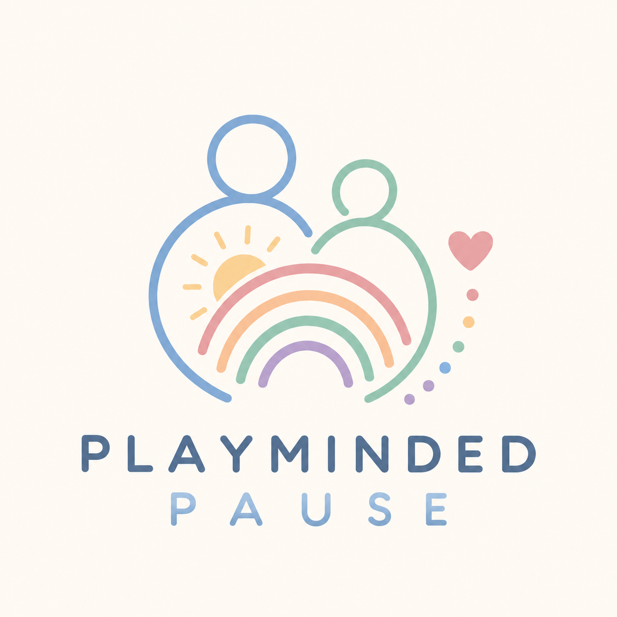 A colorful line art illustration of a mother and child with a rainbow, sun, heart, and dots, accompanied by the text "PLAYMINDed PAUSE".