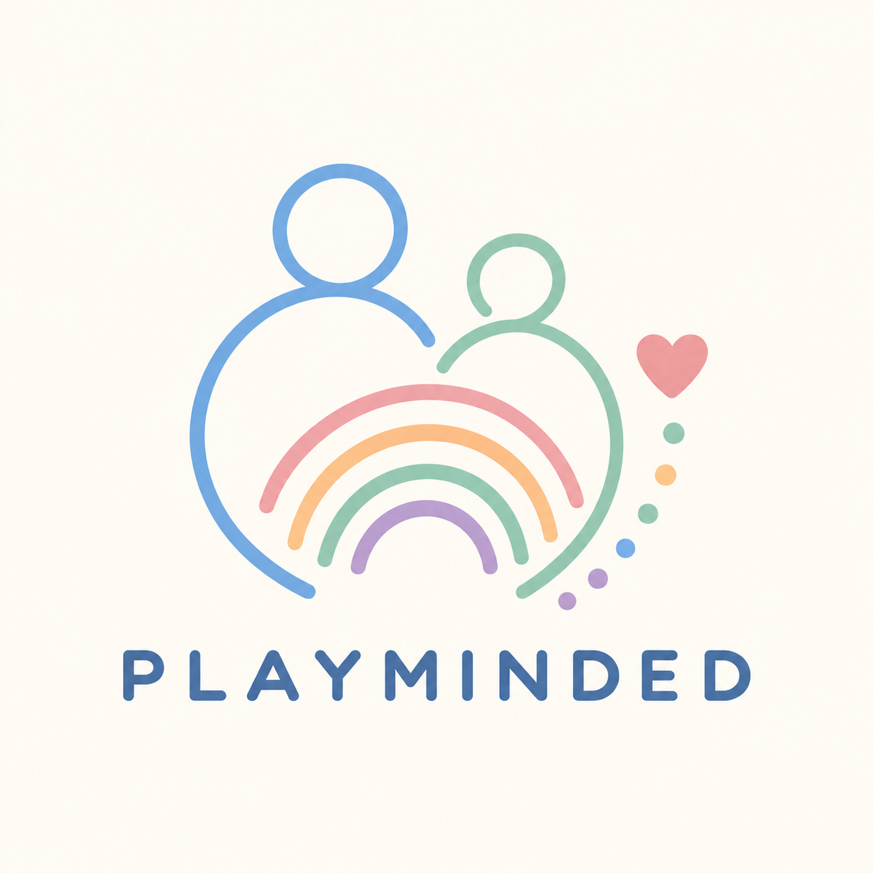 A pastel-colored line drawing of two figures, a large adult and a smaller child, with a rainbow and a heart, above the word 'Playminded' in bold blue letters.
