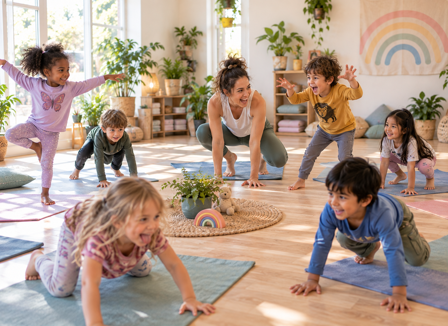 Children participating in a yoga class led by an instructor in a bright room with large windows, indoor plants, and colorful decor including a rainbow banner.