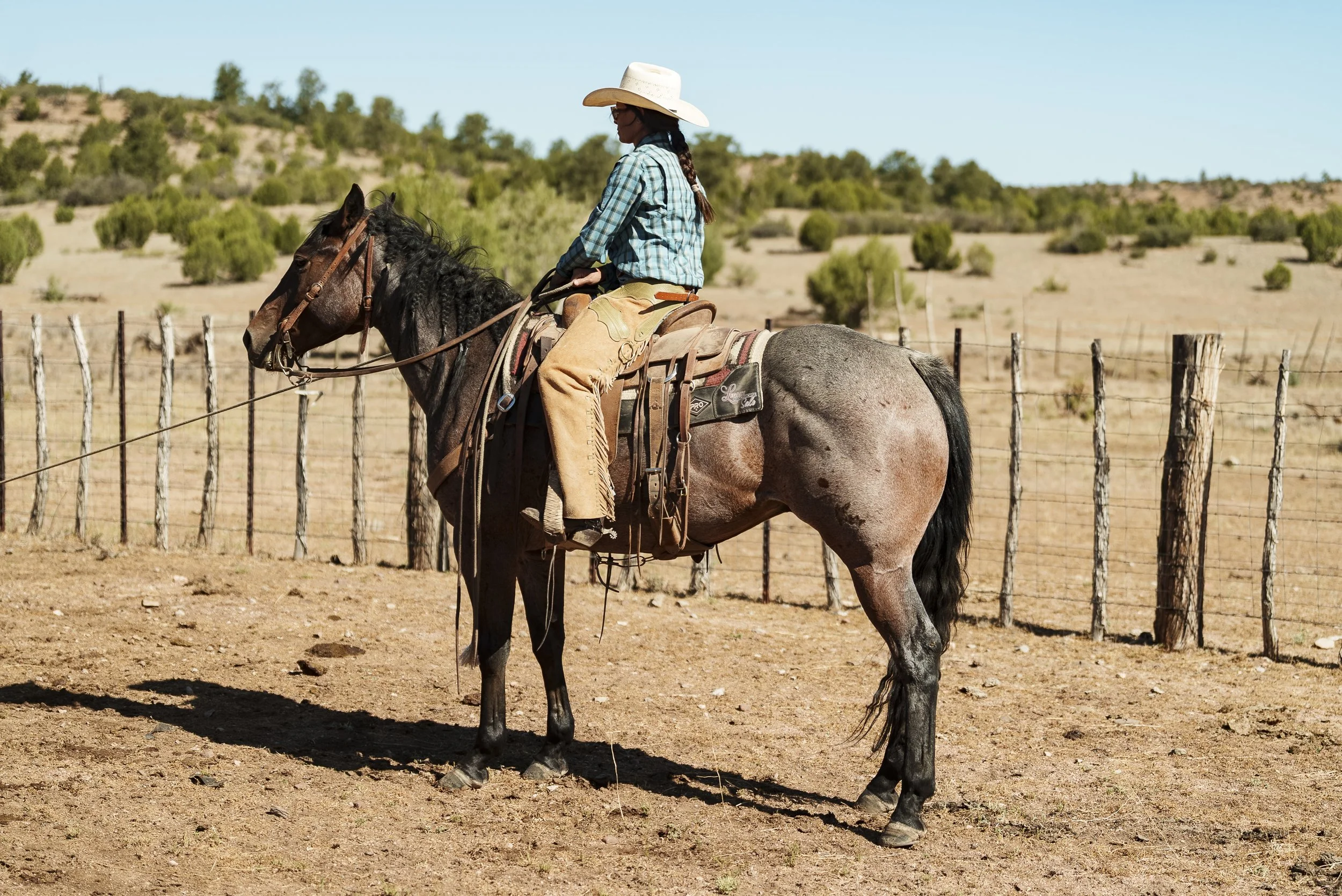 A person riding a horse through a waterlogged field during sunset, wearing a cowboy hat and sunglasses.