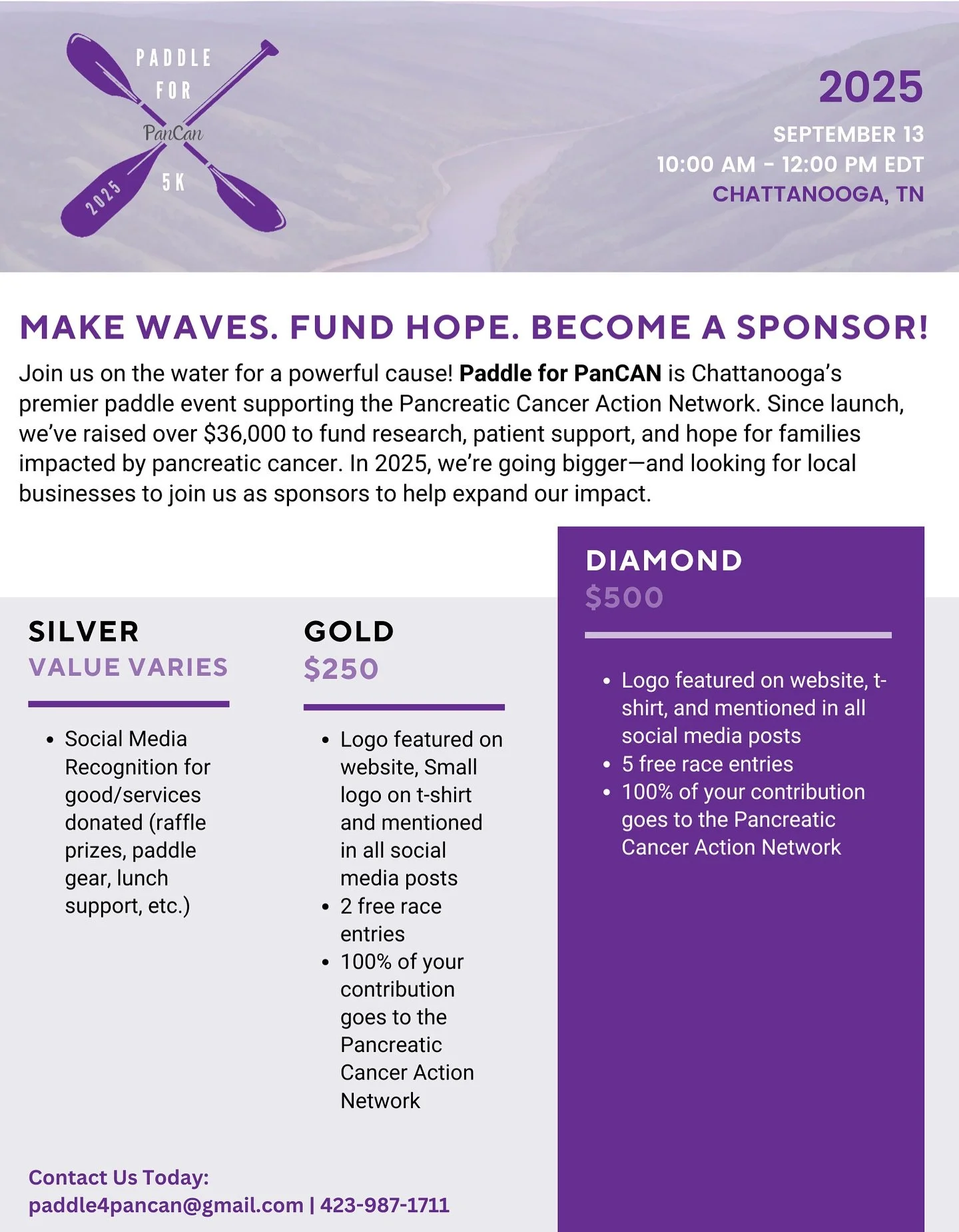 🏆 Be a Champion for Change!
Become a Gold or Diamond Sponsor of the Paddle for PanCAN 5K and show your community that your business stands for something bigger.
🌊 Logo on website &amp; event shirts
🌊 Free race entries
🌊 Shout-outs on social media