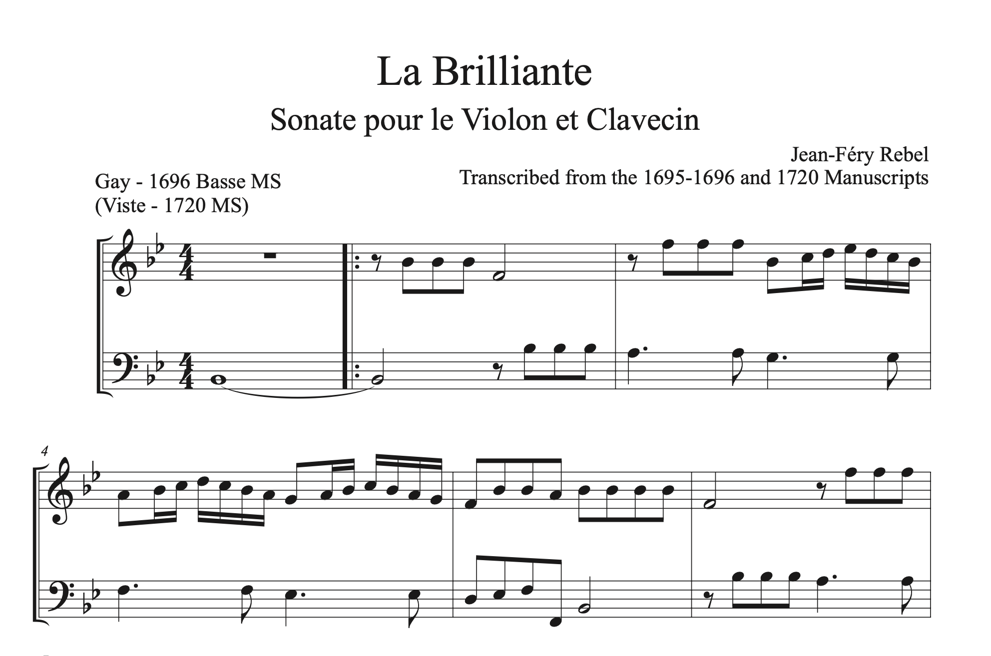 Performing Score of Jean-Féry Rebel Sonata No. 4, "La Brilliante"