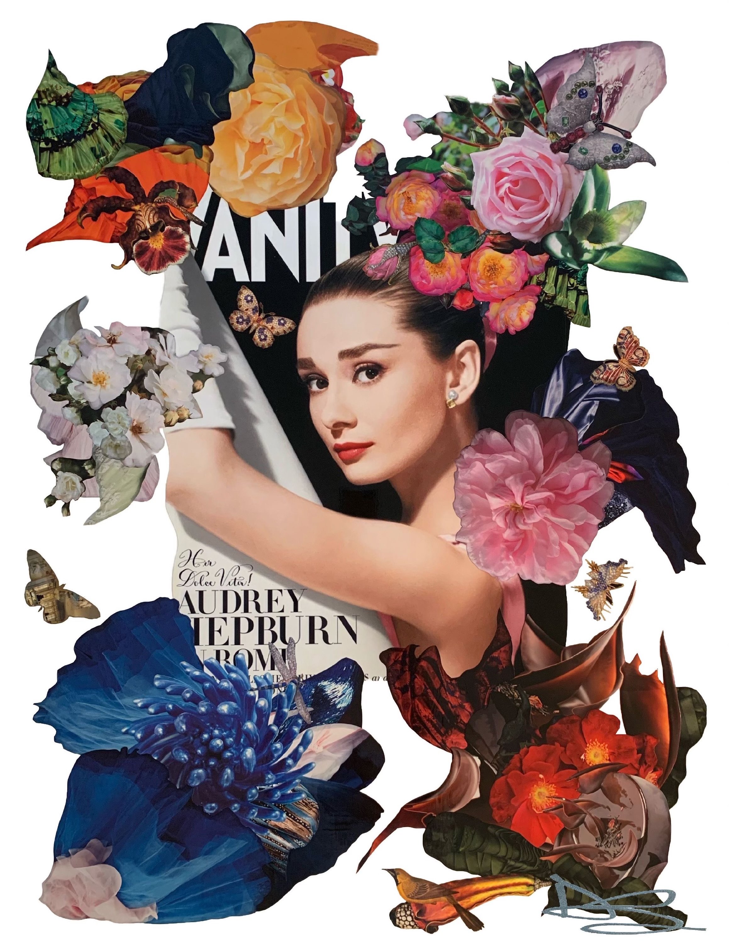 Colorful collage of a woman with flowers and butterflies
