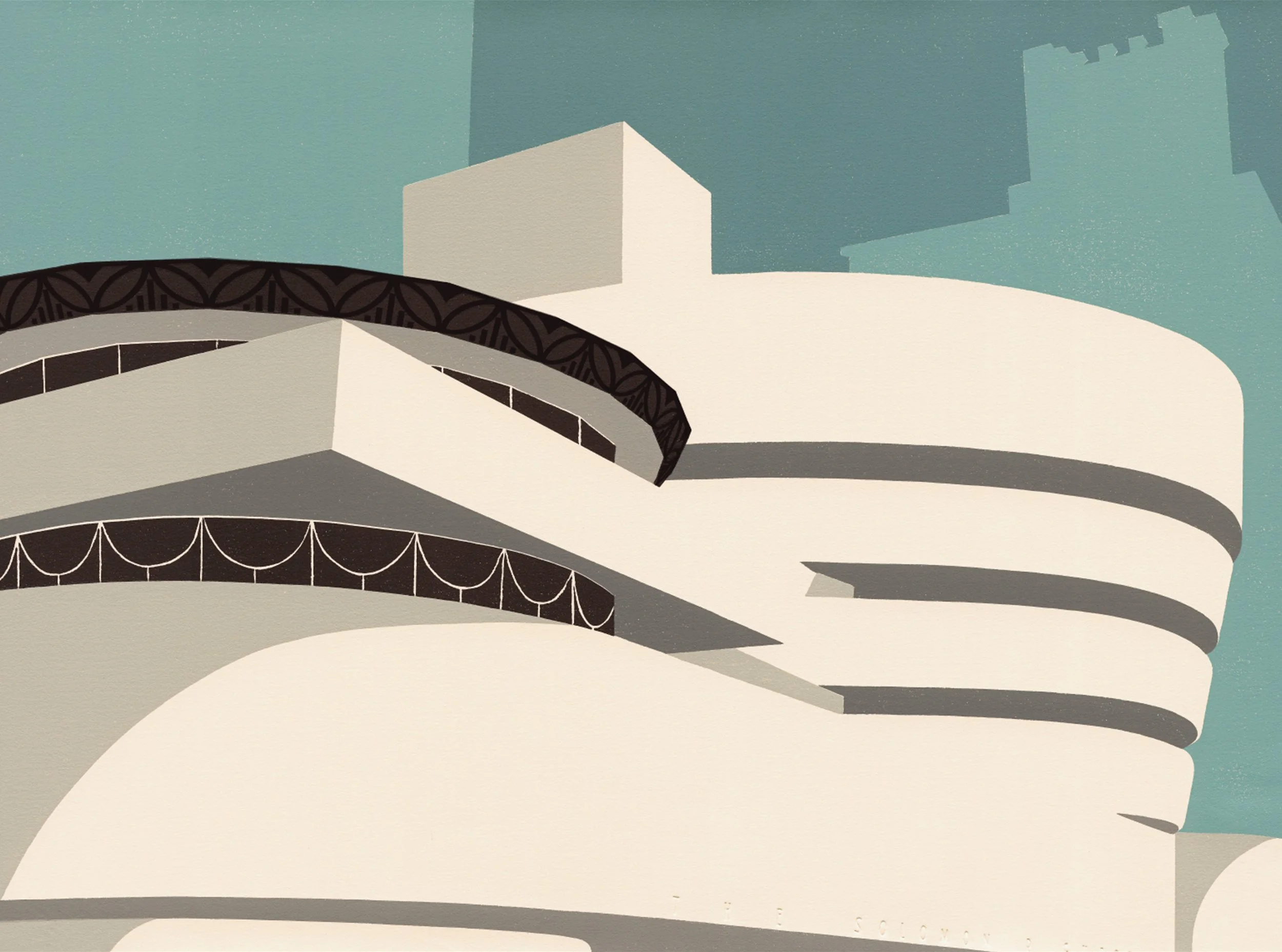 Abstract illustration of a modern, spiral-shaped building against a blue sky.