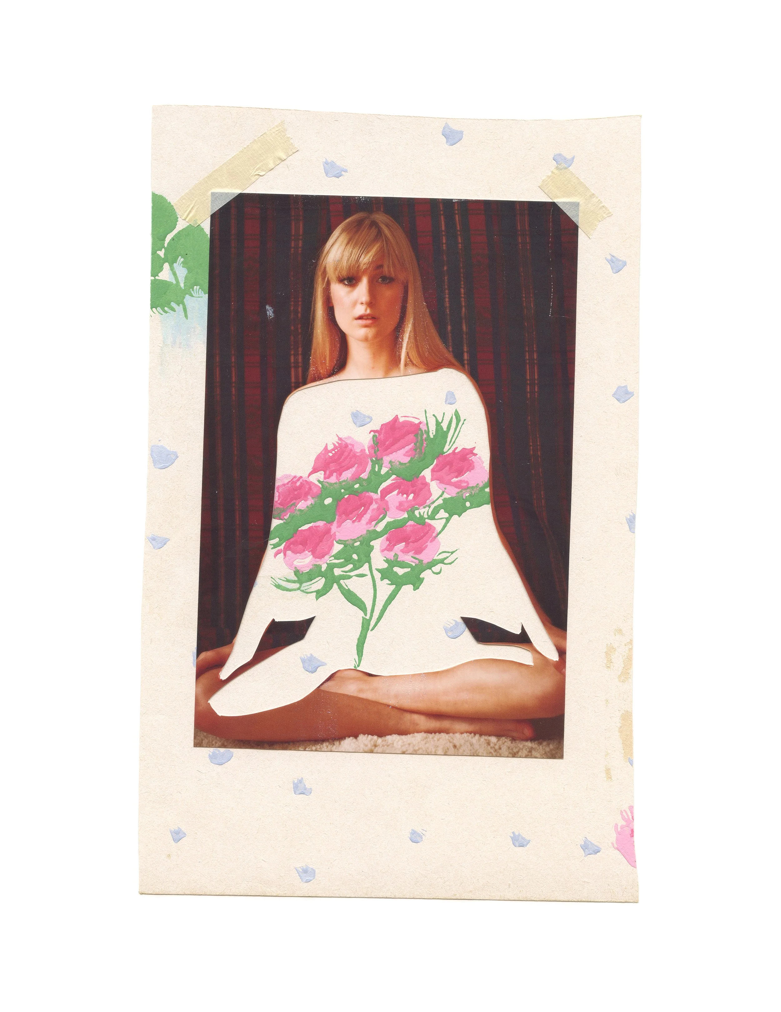Collage art featuring a person with floral design overlay, surrounded by decorative paper background.