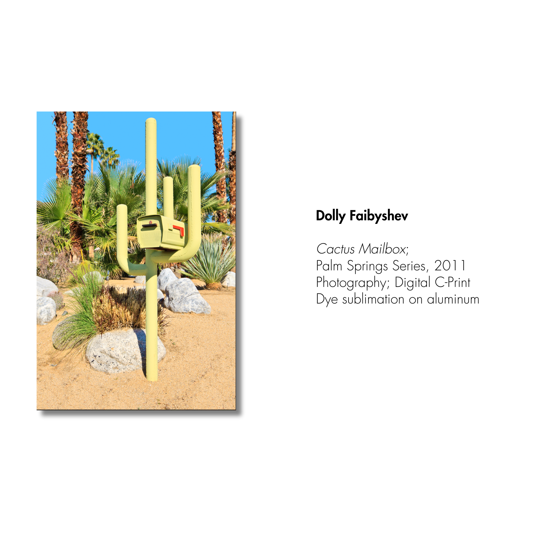 Cactus-shaped mailbox in desert landscape with palm trees and rocks