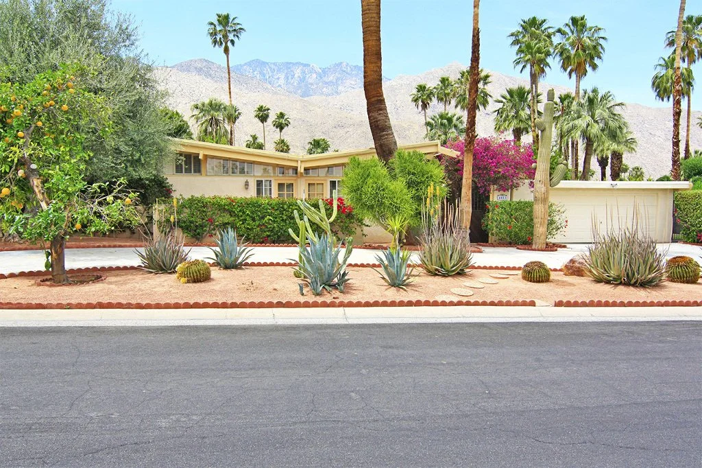 Mid-century modern house with desert landscaping, including cacti and palm trees, set against a mountainous backdrop.