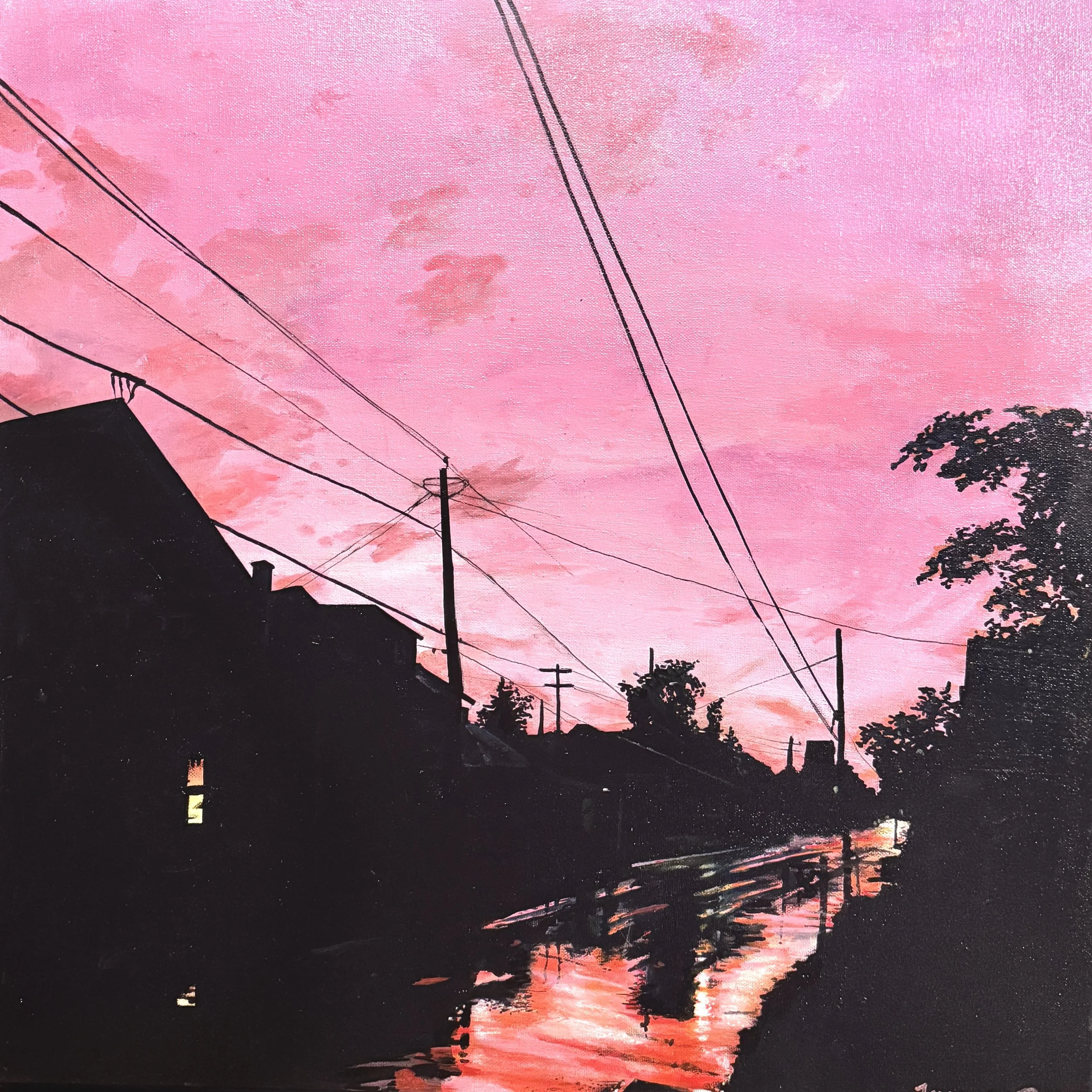 A pink and orange sky at sunset over power lines and trees, with silhouettes of houses and trees in the foreground.