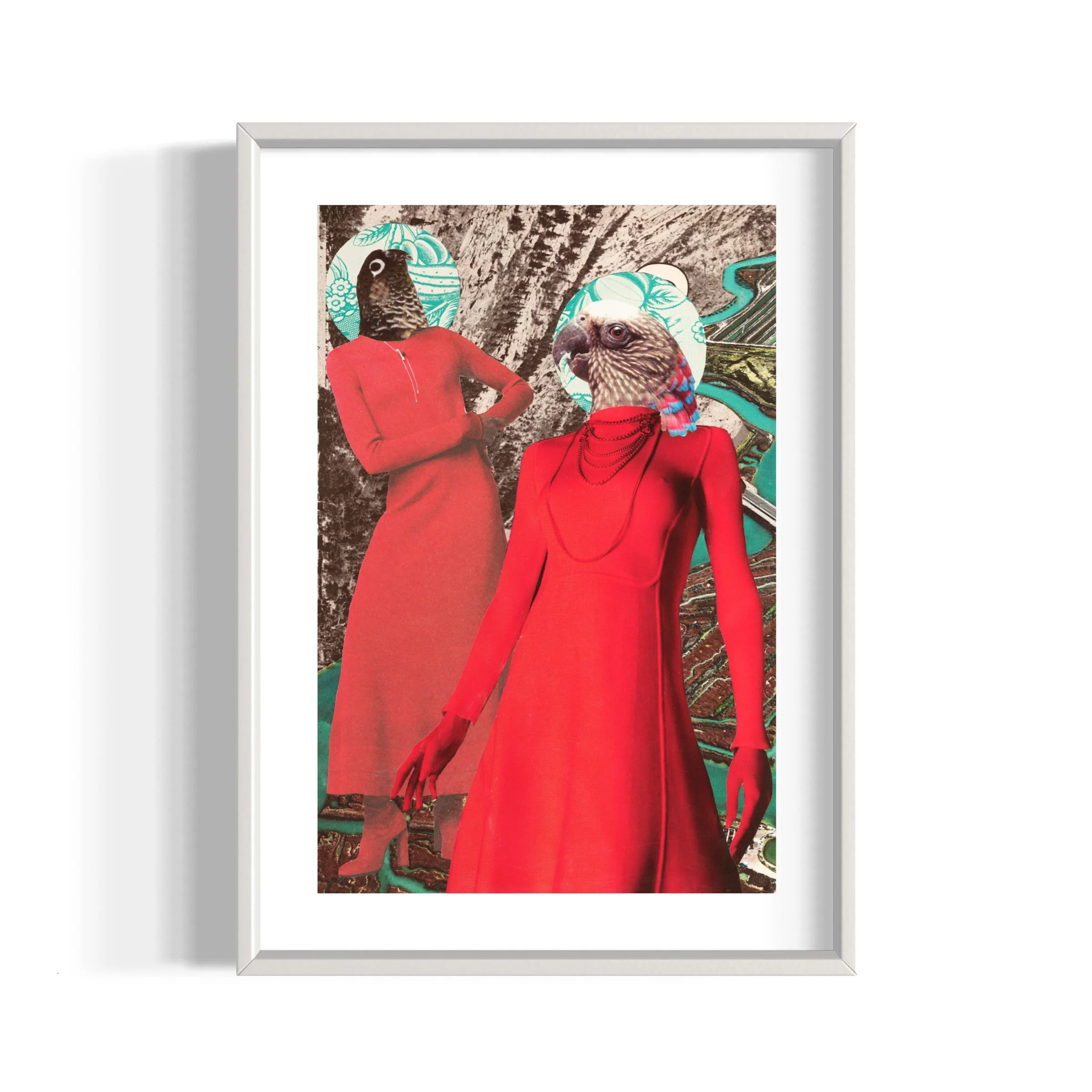 Surreal artwork featuring two figures in red dresses with bird heads, set against a textured, abstract background.