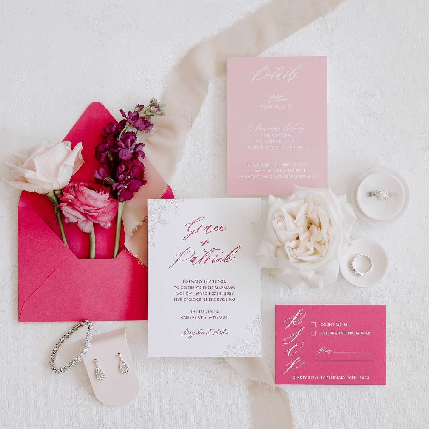 Elegant and bold, this two-color letterpress wedding invitation suite showcases vibrant pink tones and intricate details&mdash;perfect for making a lasting impression. 

Venue: @thefontainehotel
Planner: @theperfecttouchkc
Photo: @abbeyregnier.photog