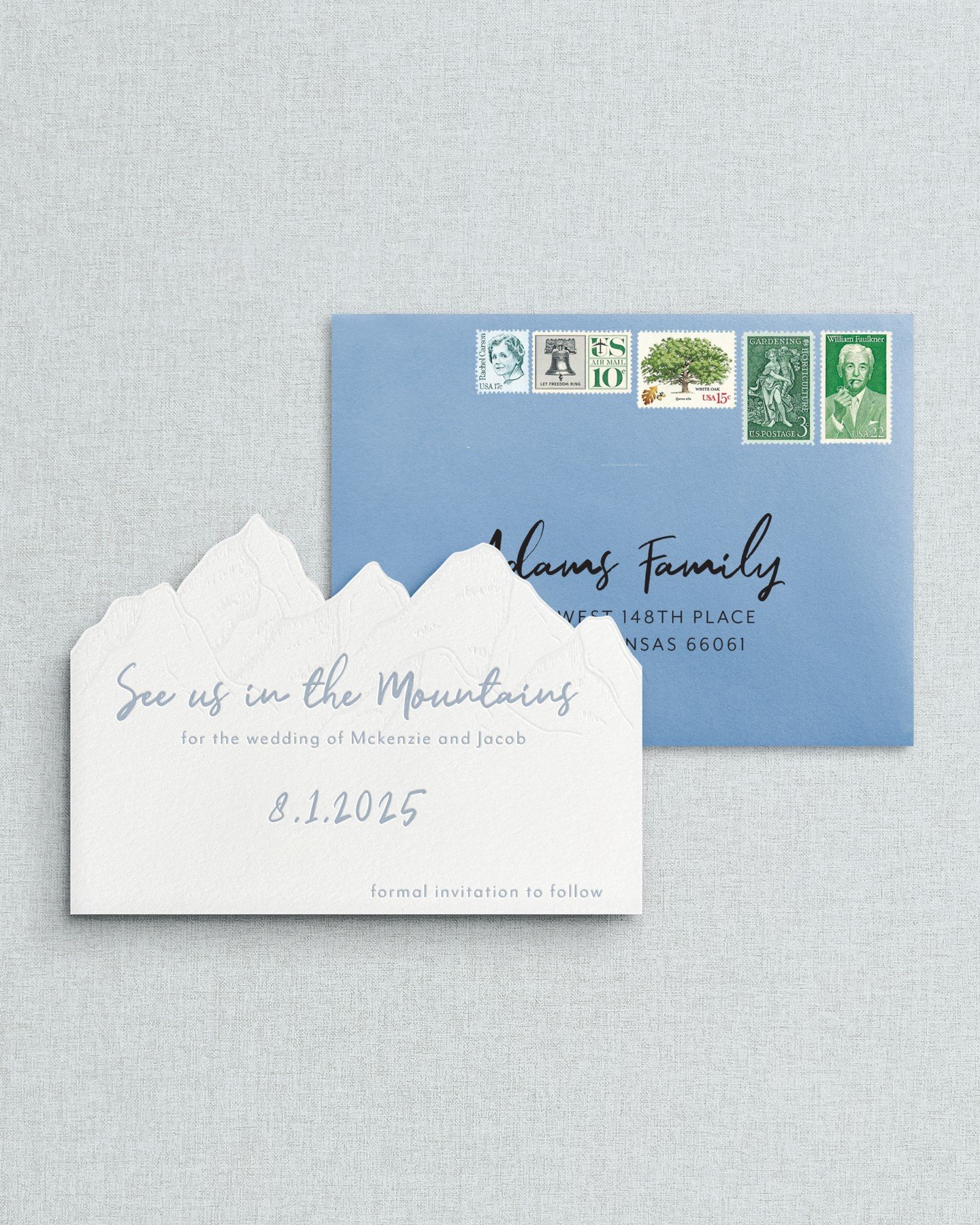 Inspired by the majestic mountains where Penstruck Design began, we're excited to introduce our new save the date design, dropping in May! 🏔️ Part of our semi-custom suite, it features blind letterpress mountains and a distinct die-cut shape. Elevat