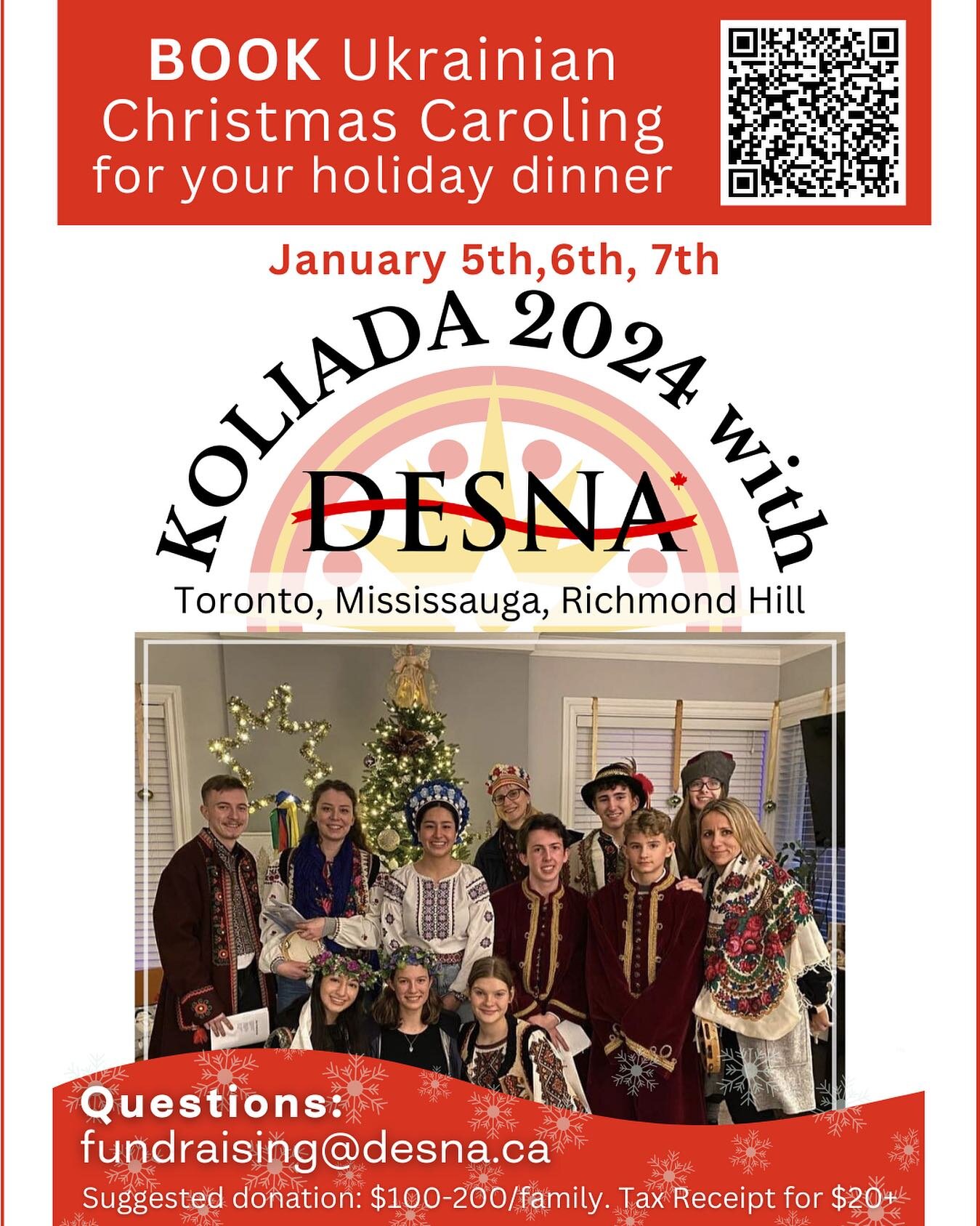 Merry Christmas and Happy Holidays!✨

KOLIADA with DESNA, January 5, 6 and 7th, 2024! BOOK your time and date today!

KOLIADA is an annual fun tradition and the biggest fundraiser for Desna Ukrainians Dance School and company

This year we are trying