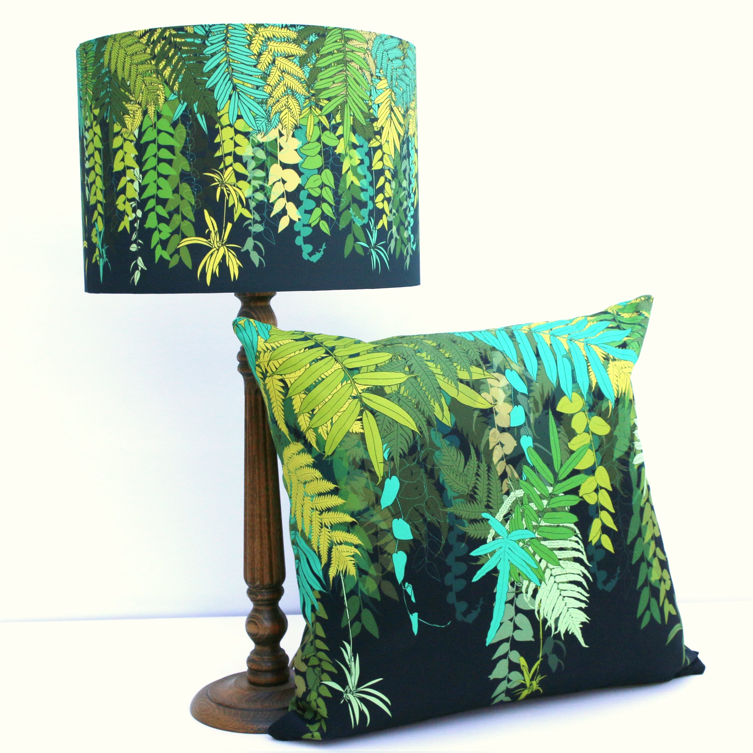 blue green botanical print table lampshade and cushion. An original tropical print called Trailing Fern - Winter it has dark blue, teal, lime, yellow, light green, olive green and aqua turquoise