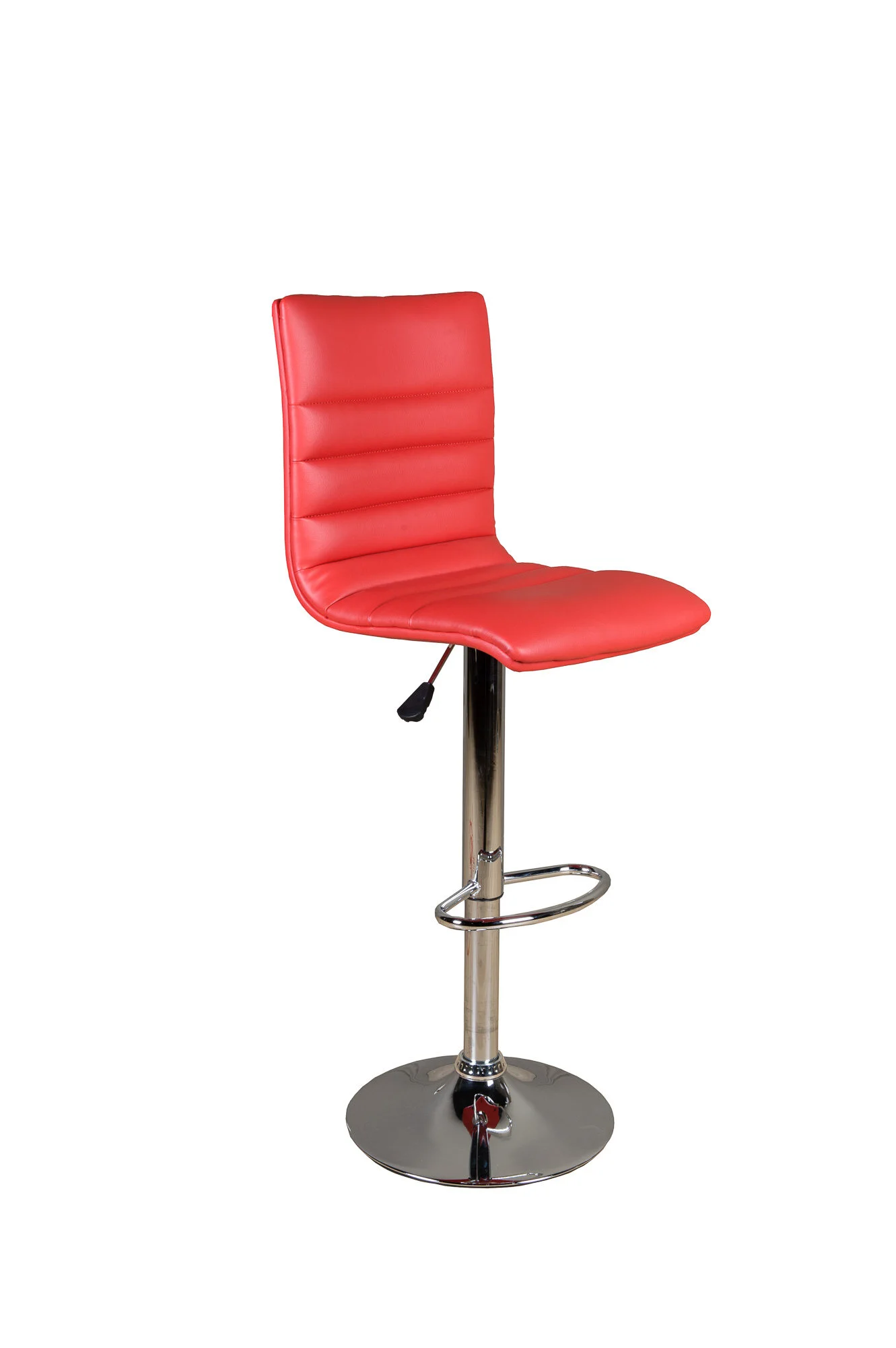 Red leather bar stool with chrome base and footrest on a white background.