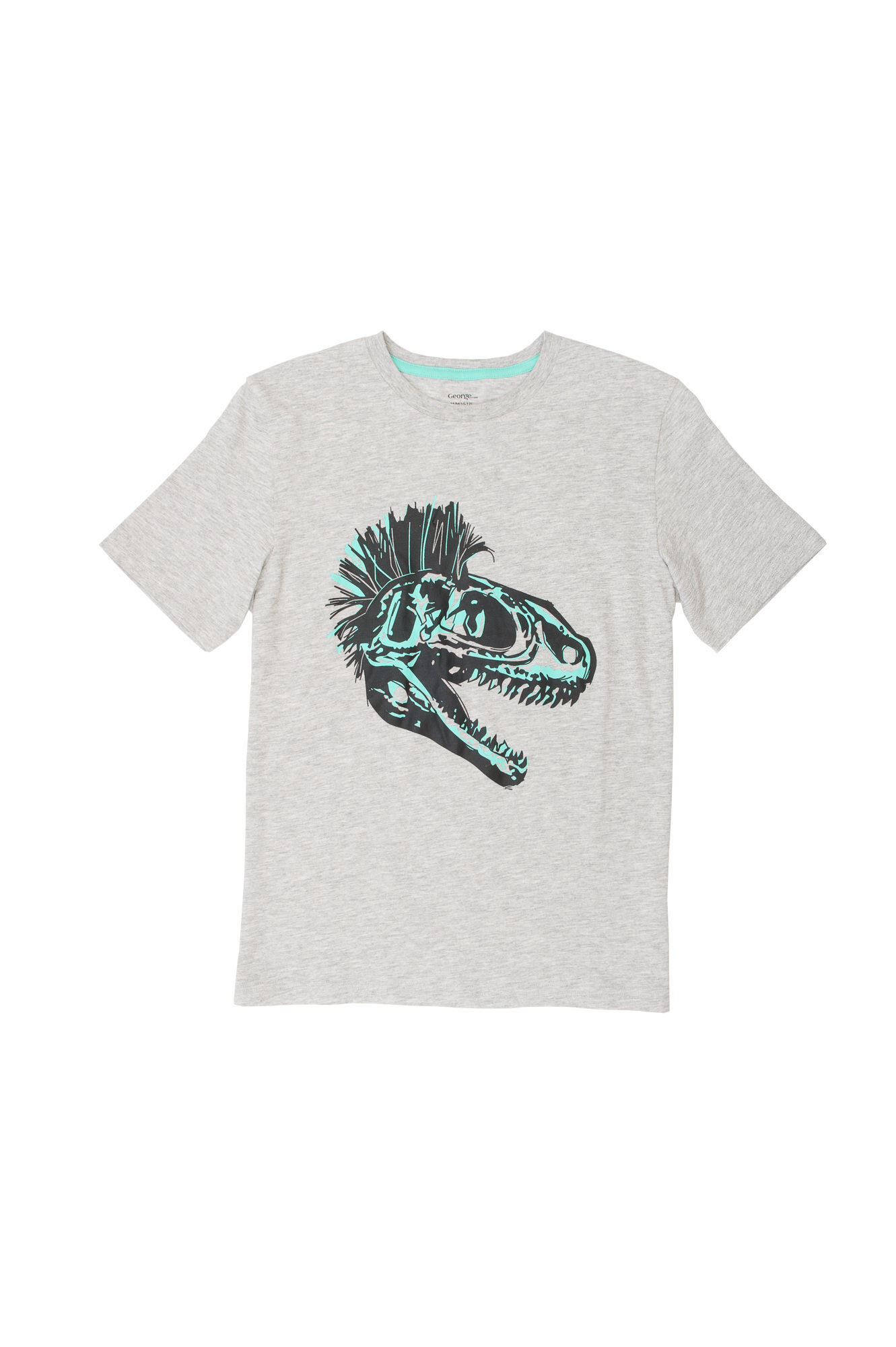 Gray t-shirt with dinosaur skeleton graphic.