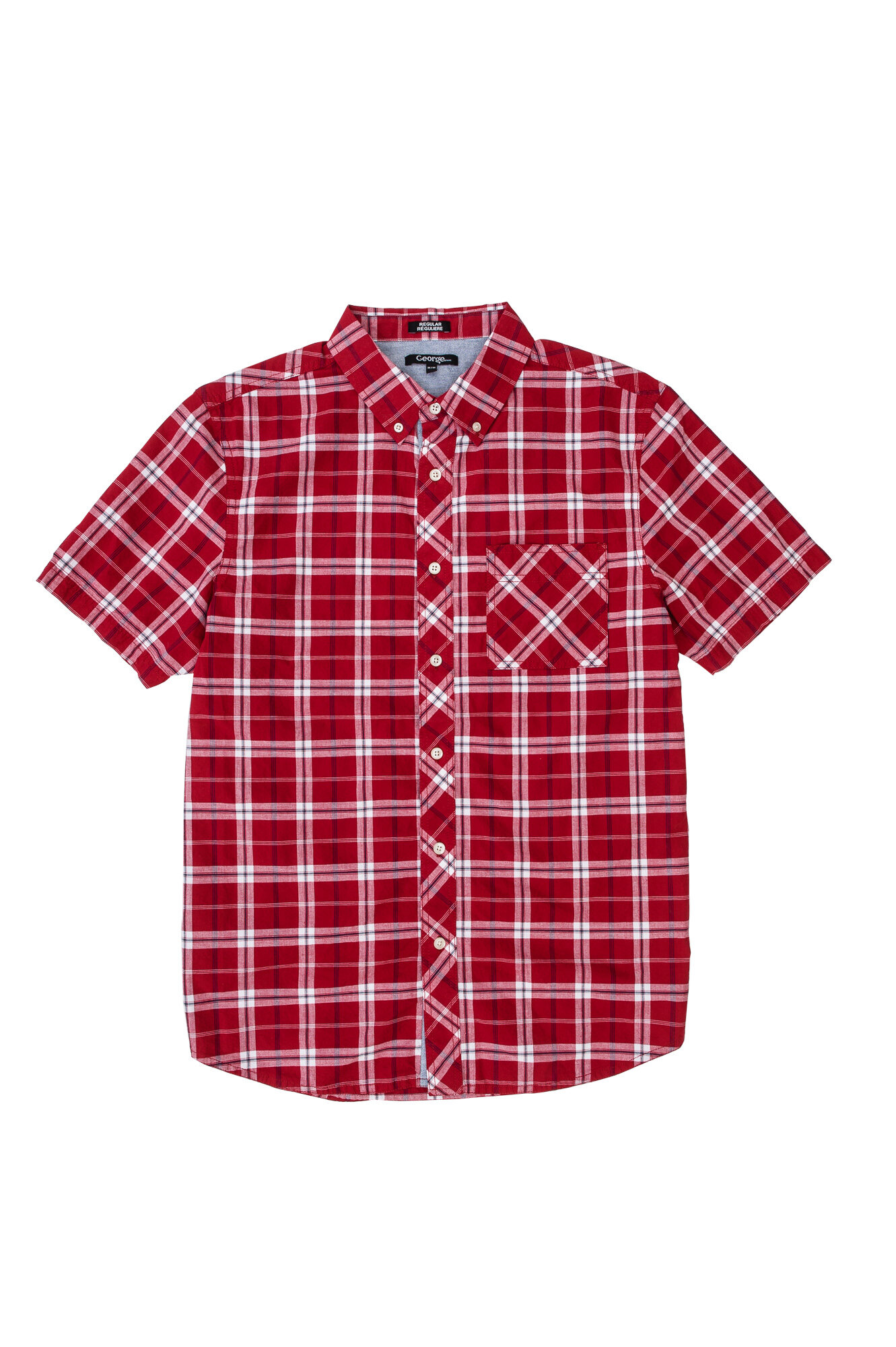 Red plaid short-sleeve button-up shirt with a front pocket.