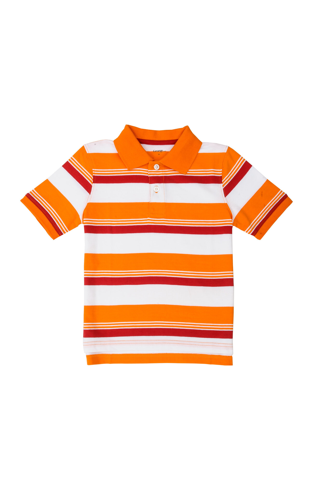 Orange, red, and white striped polo shirt with short sleeves and a buttoned collar.