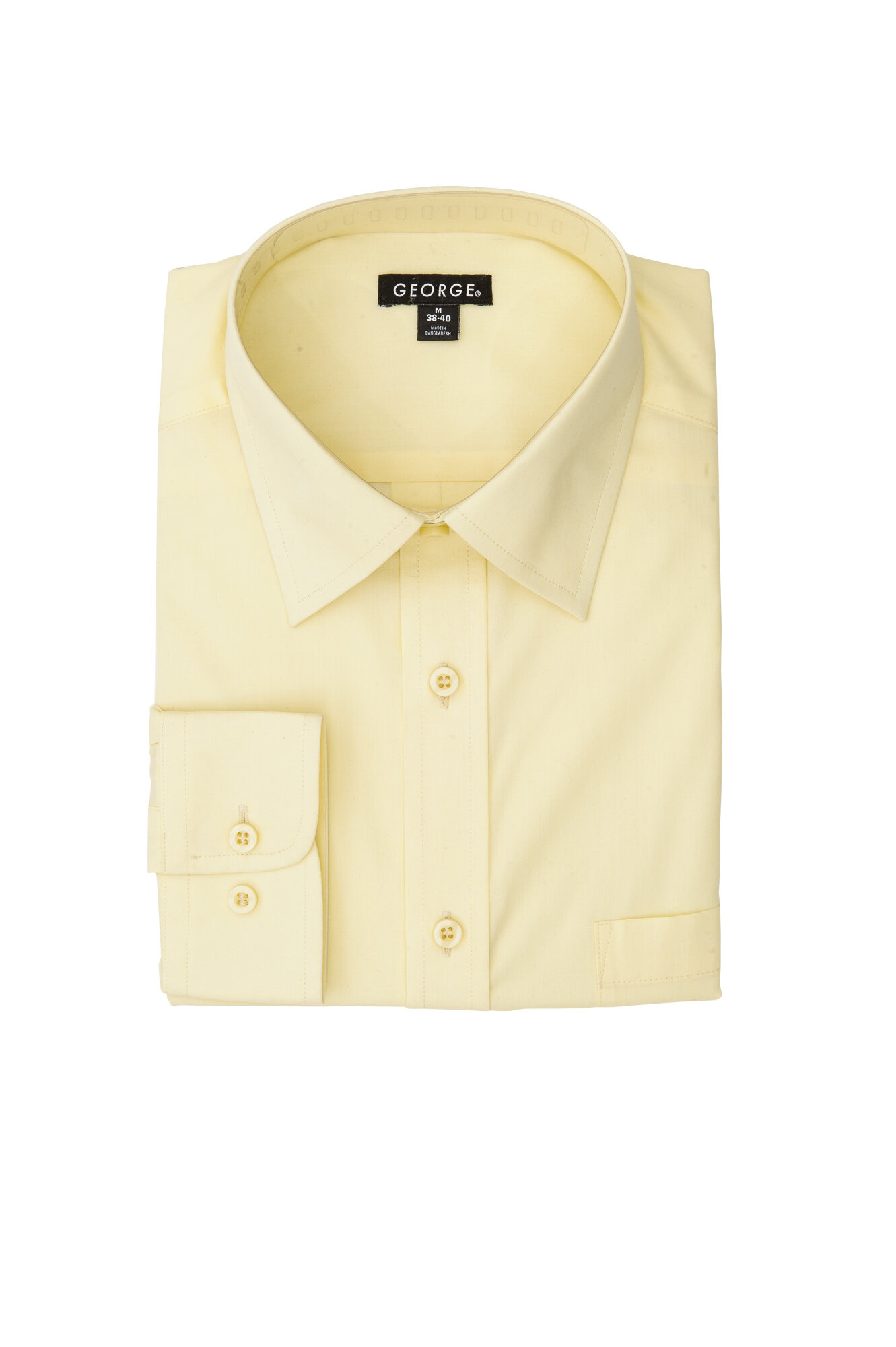 Yellow men's dress shirt, folded, with buttons and a collar, labeled 'GEORGE'.