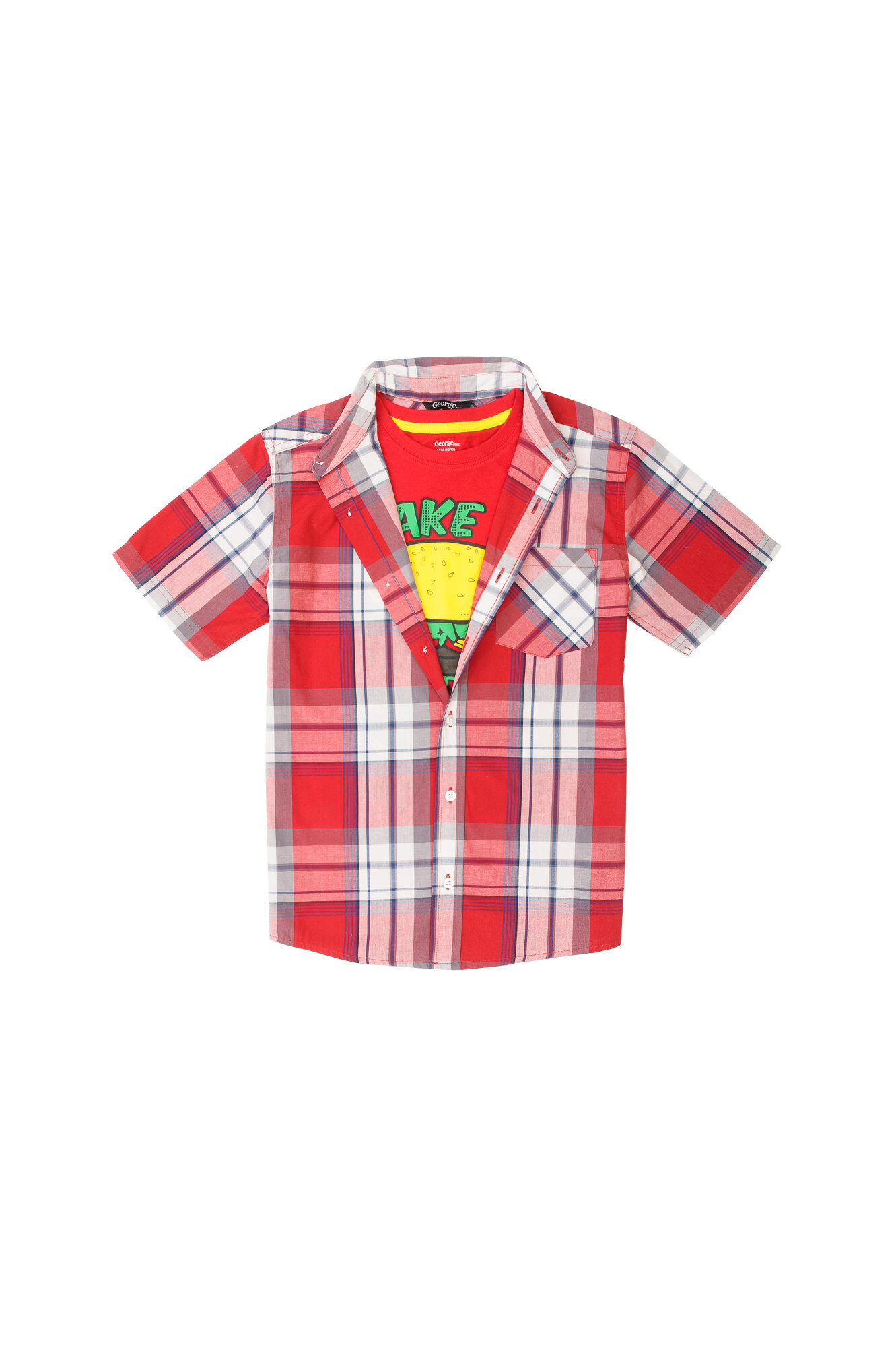 Red plaid short-sleeve button-down shirt over a red graphic T-shirt.