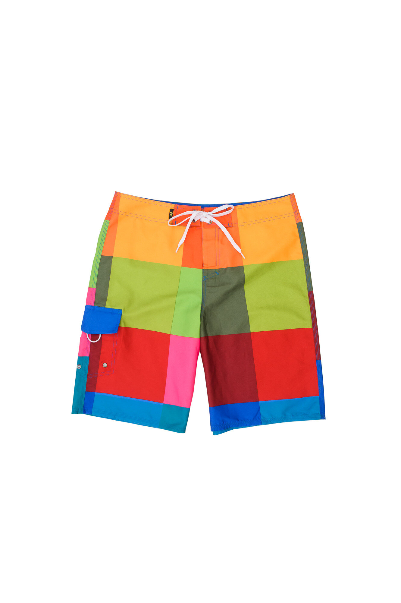 Colorful patchwork board shorts with a drawstring waistband.