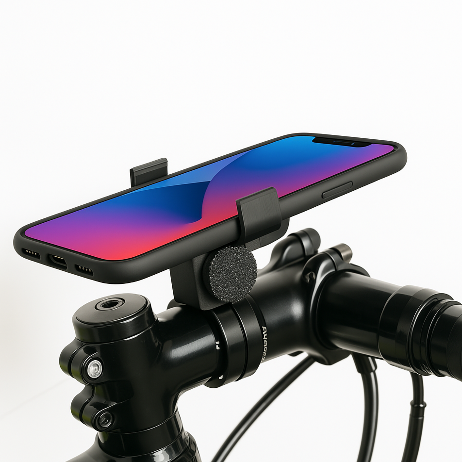 Smartphone mounted on a bicycle handlebar with a black holder.
