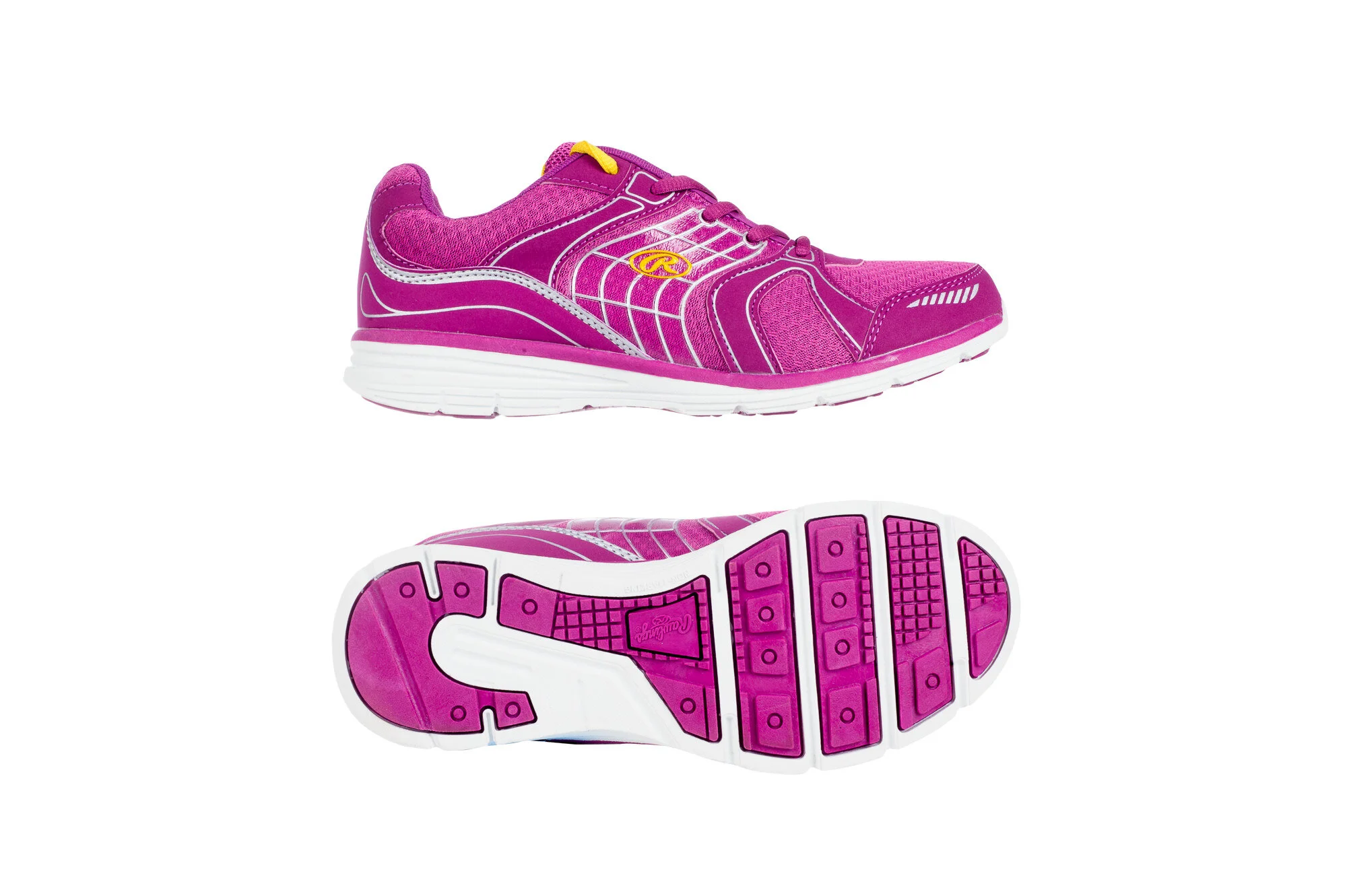 Pink athletic shoe with side and sole view on a white background.