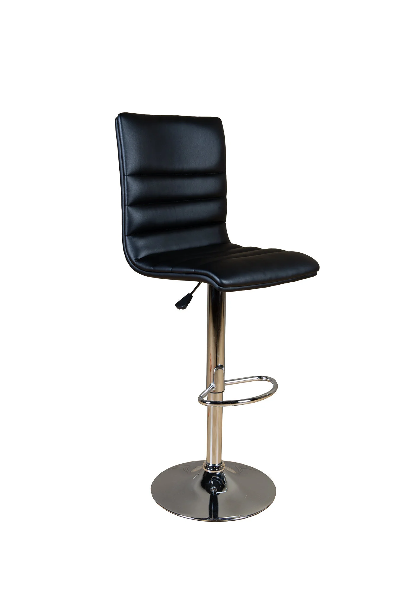 Black leather adjustable bar stool with chrome base and footrest