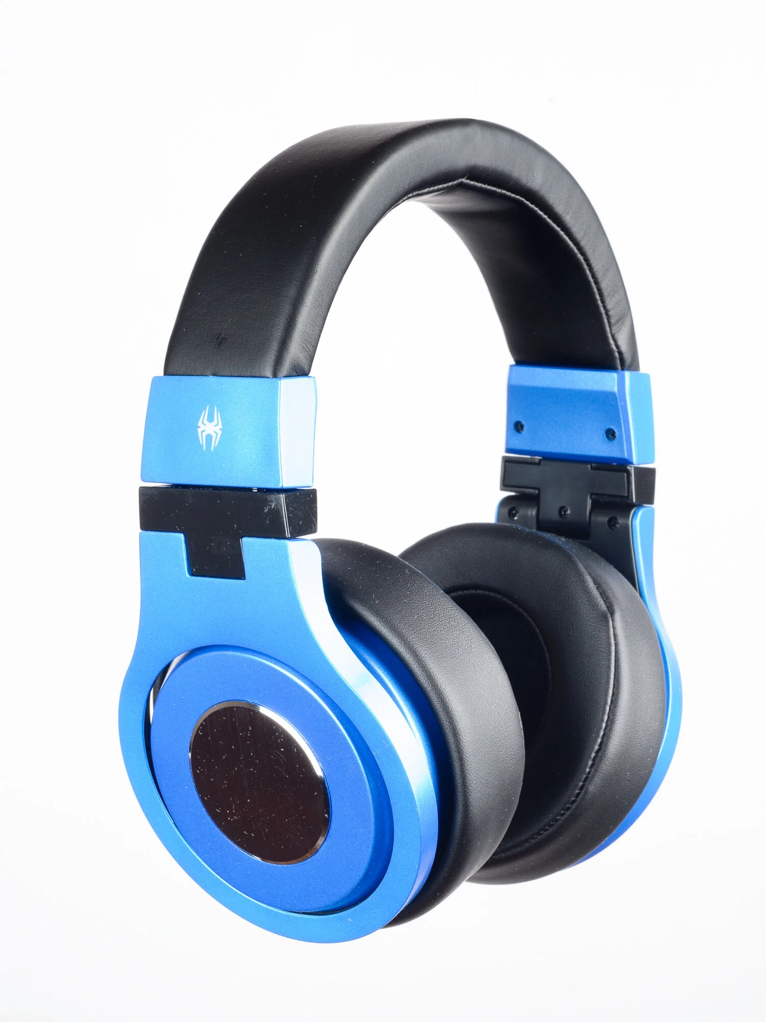 Blue and black over-ear headphones on a white background.
