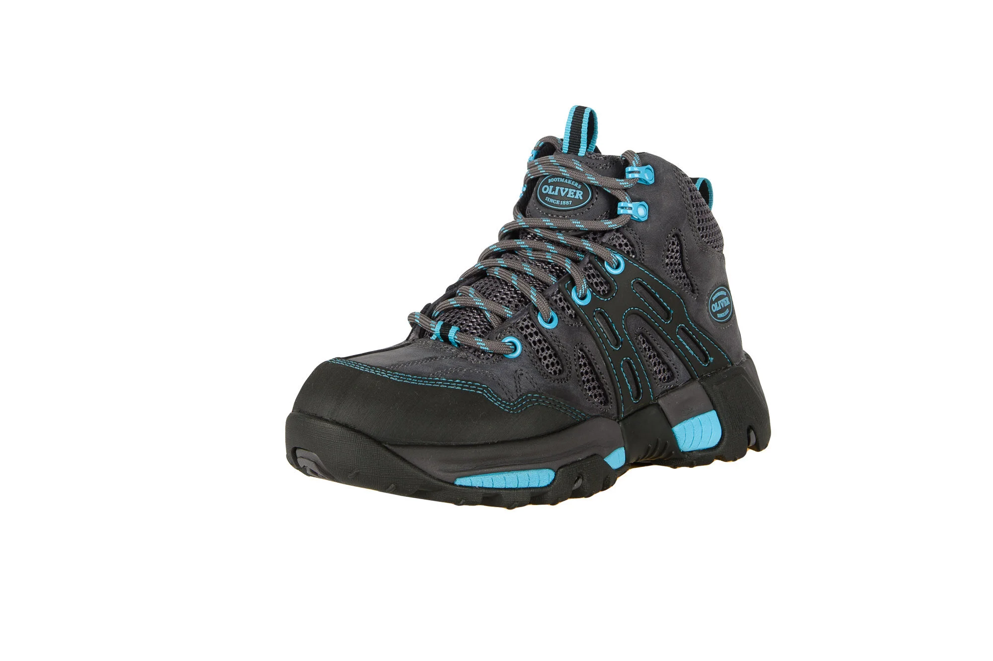 Black and blue hiking boot with mesh details and laces