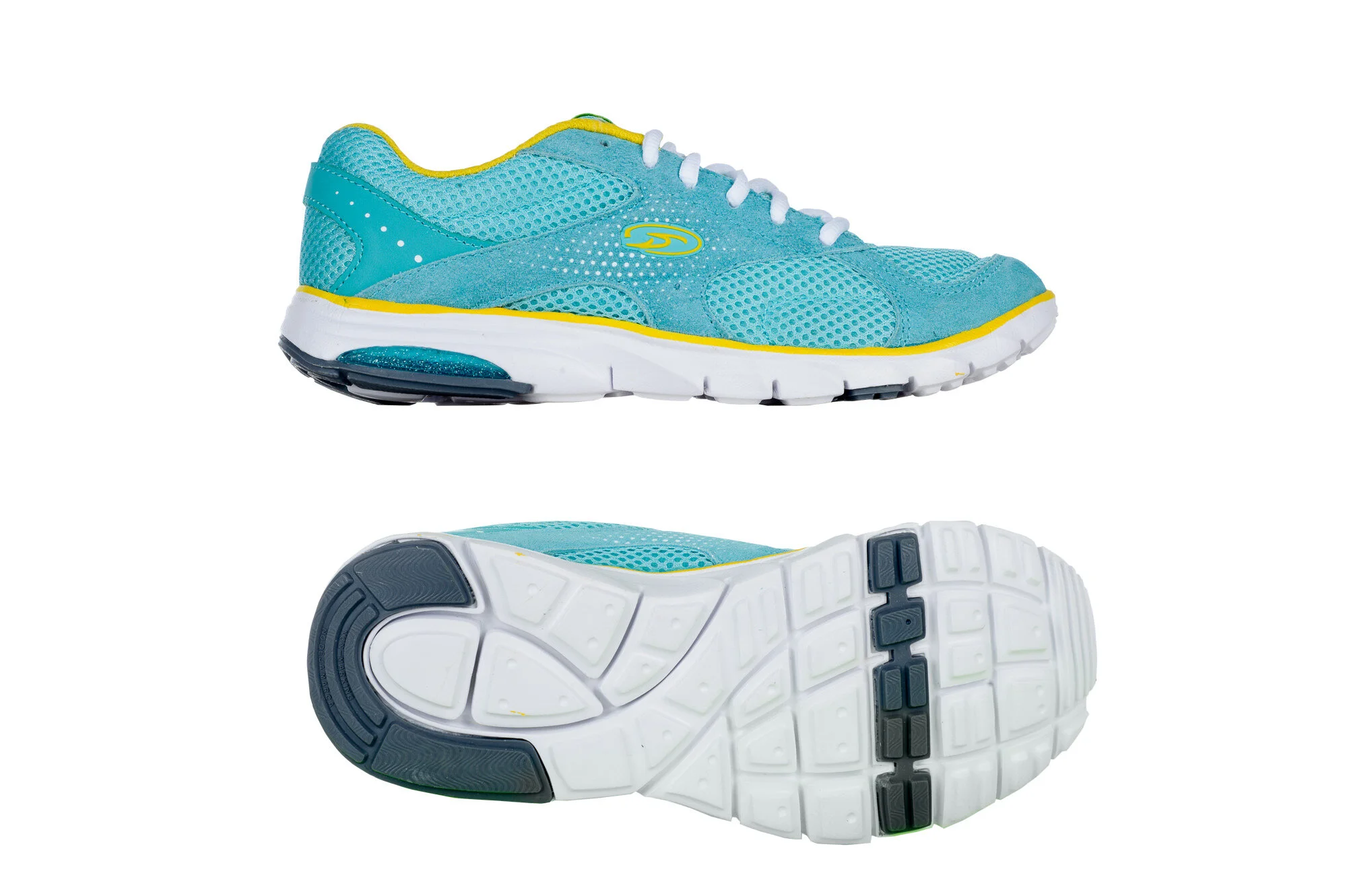 Blue and yellow athletic shoe with mesh design, shown from side and sole view.