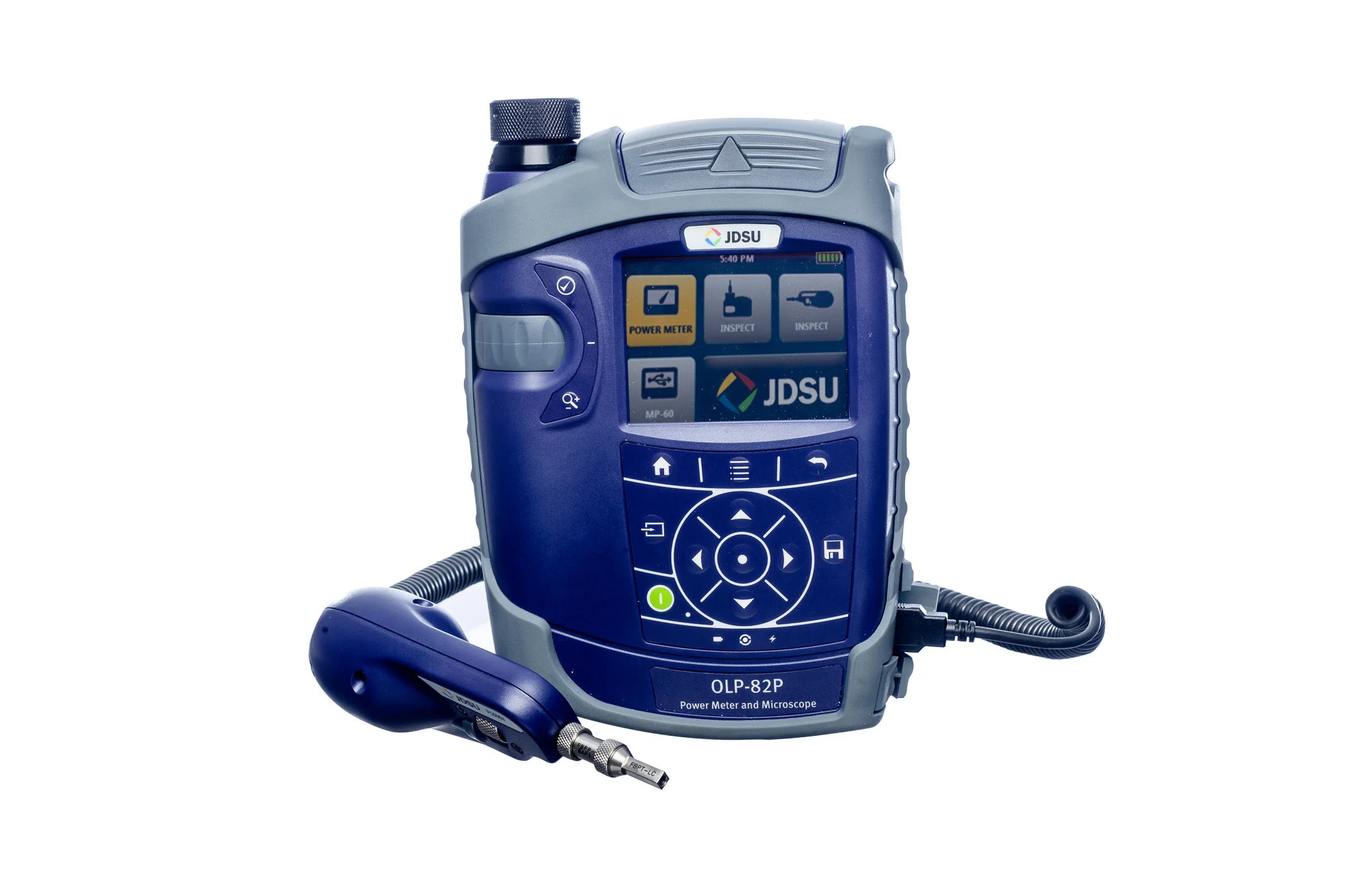 JDSU OLP-82P power meter and microscope device with blue casing and screen displaying interface.