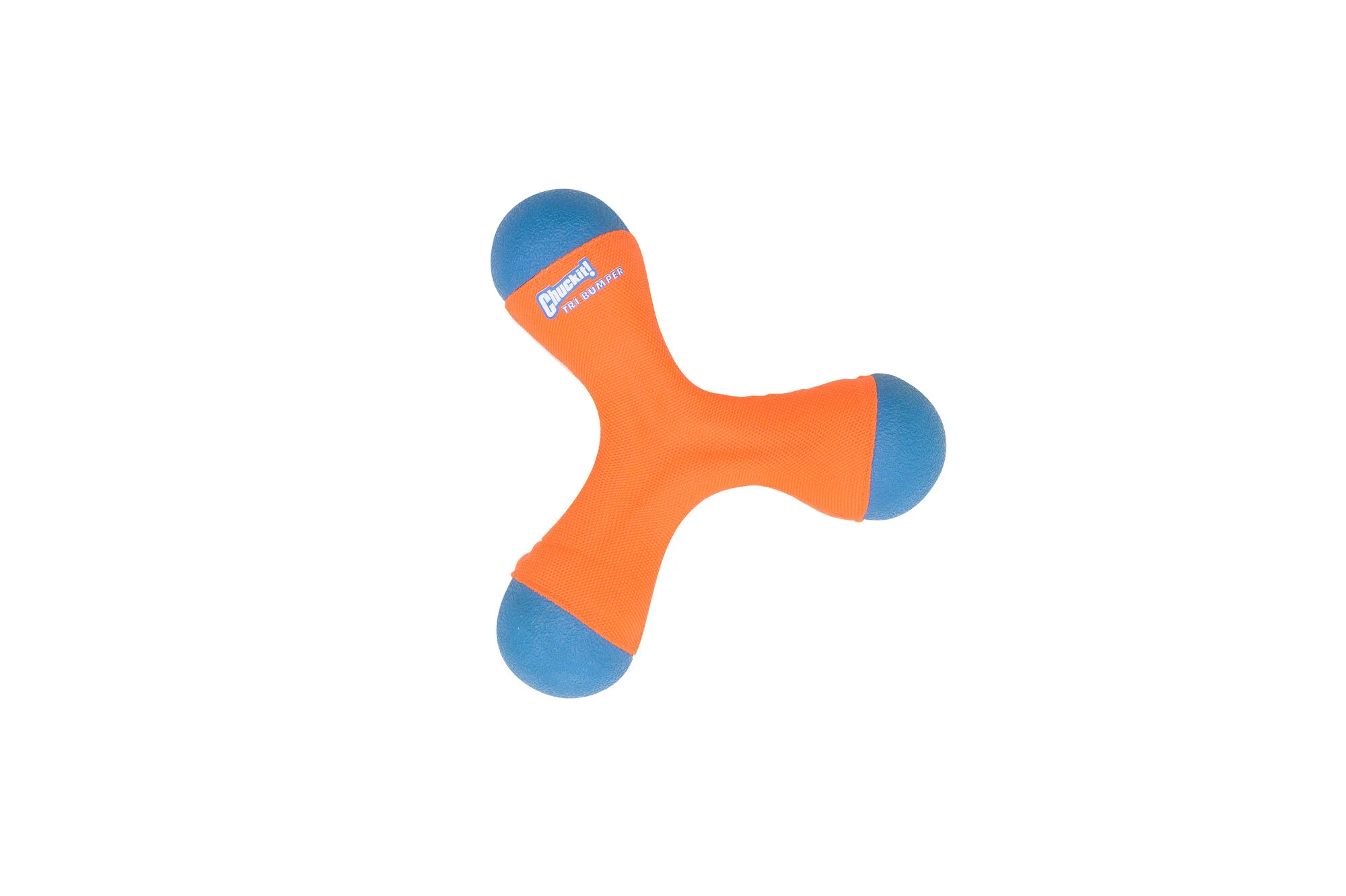 Orange and blue rubber dog toy with three prongs, known as a Chuckit! Tri Bumper.