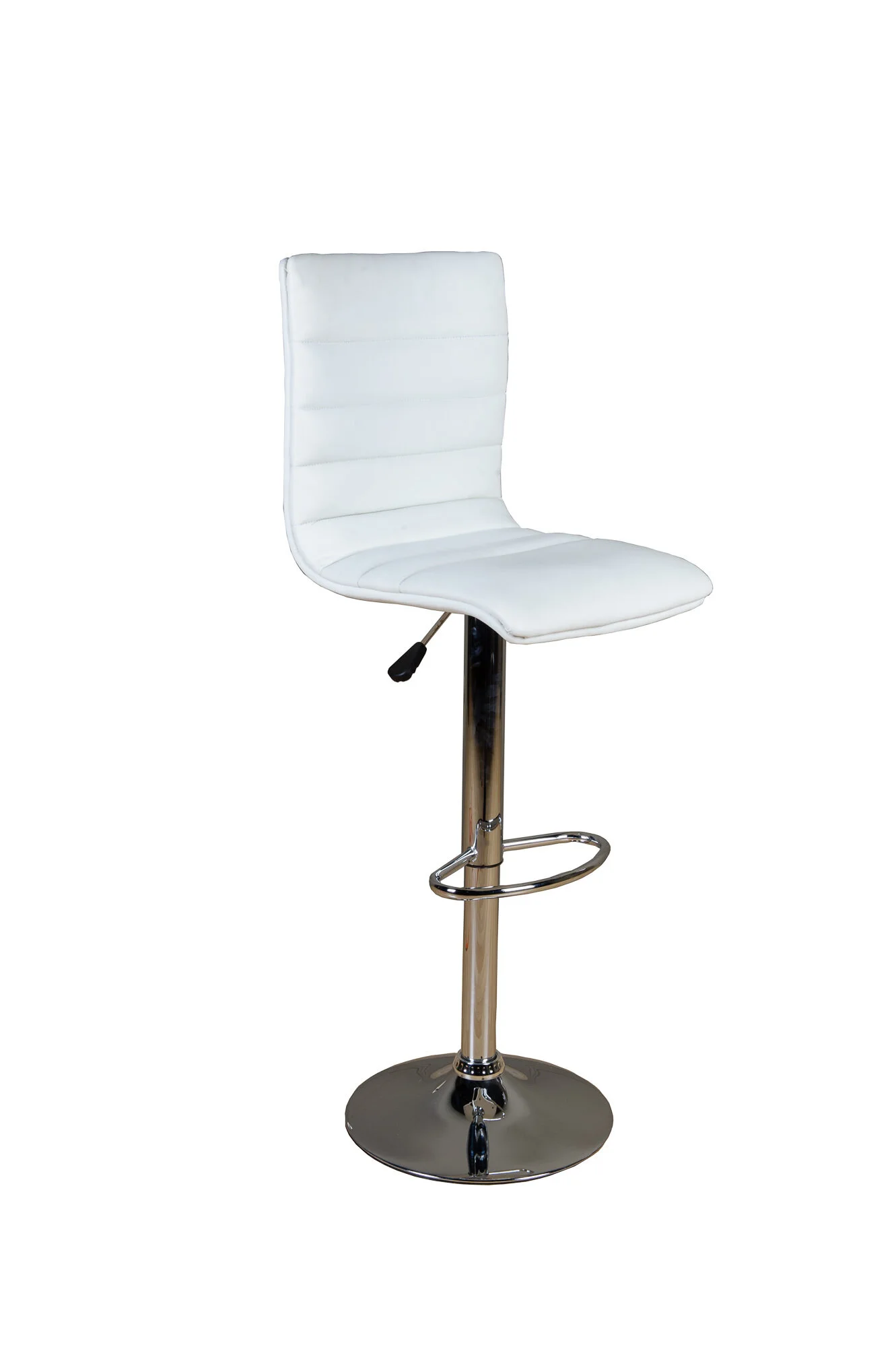 White adjustable bar stool with chrome base and footrest