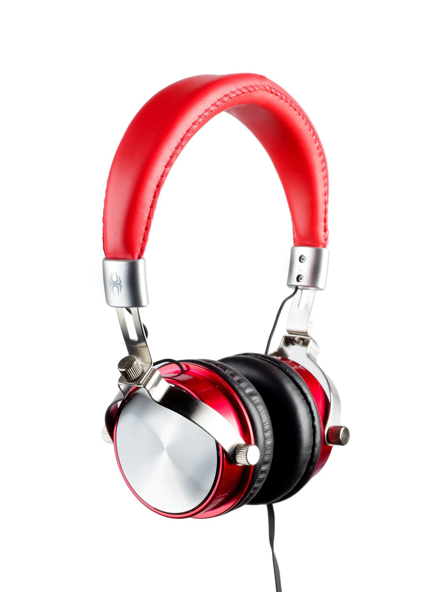 Red and silver over-ear headphones with a padded headband and black ear cushions on a white background.