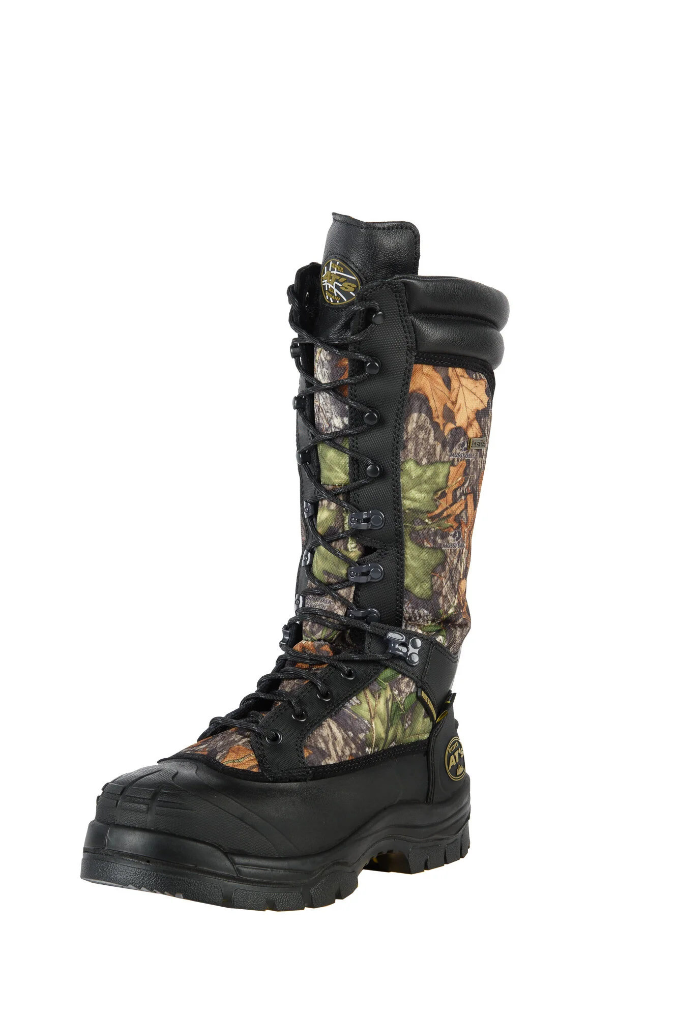 Camouflage hunting boot with high ankle support and black leather accents.