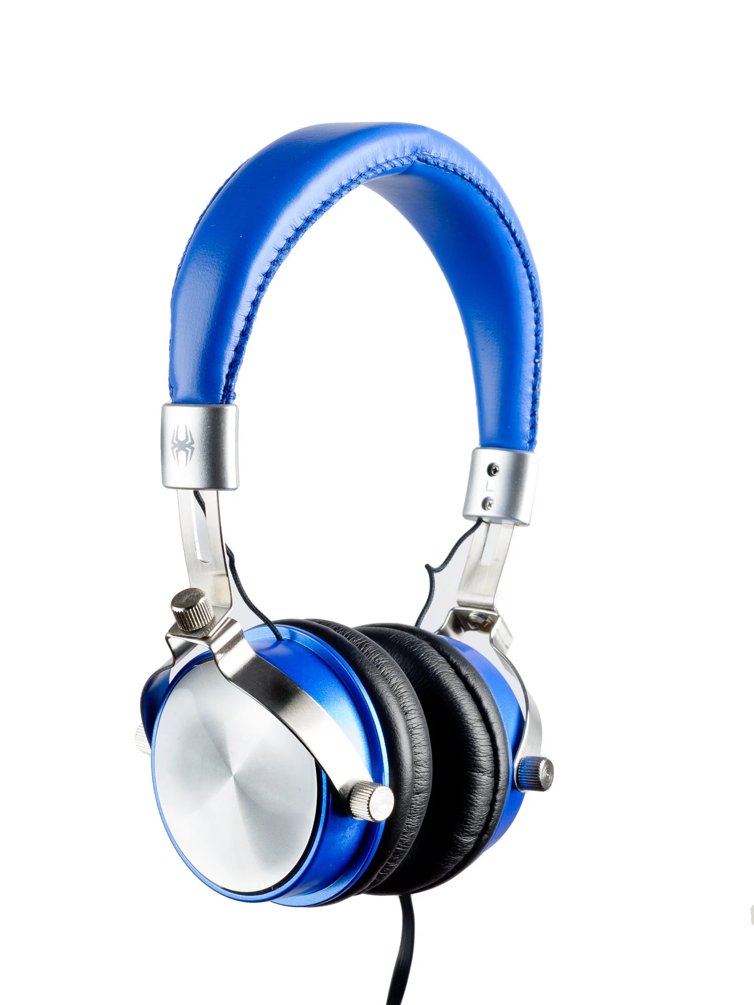 Blue over-ear headphones with silver accents and black ear cushions.
