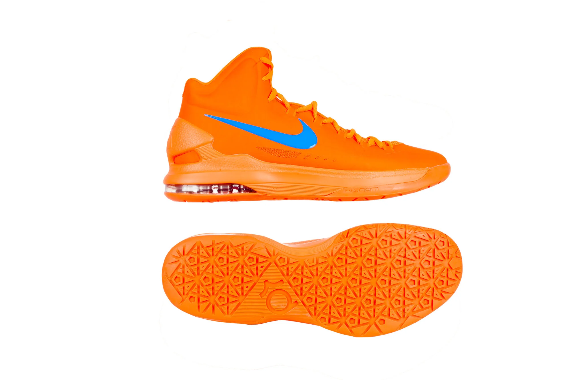 Bright orange basketball shoe with blue swoosh, showing side and sole view.