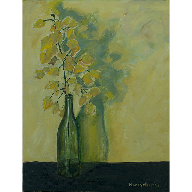 green vase, Green vase with yellow leaves art print, Vase with foliage artwork, Botanical wall decor, Nature themed poster, Foliage painting, Vibrant leaf art print, Botanical vase décor