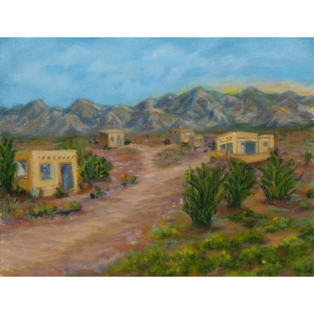 santa fe art, Santa Fe adobe houses giclée art print featuring a Southwestern desert landscape inspired by New Mexico. Archival-quality wall art for Southwest home decor