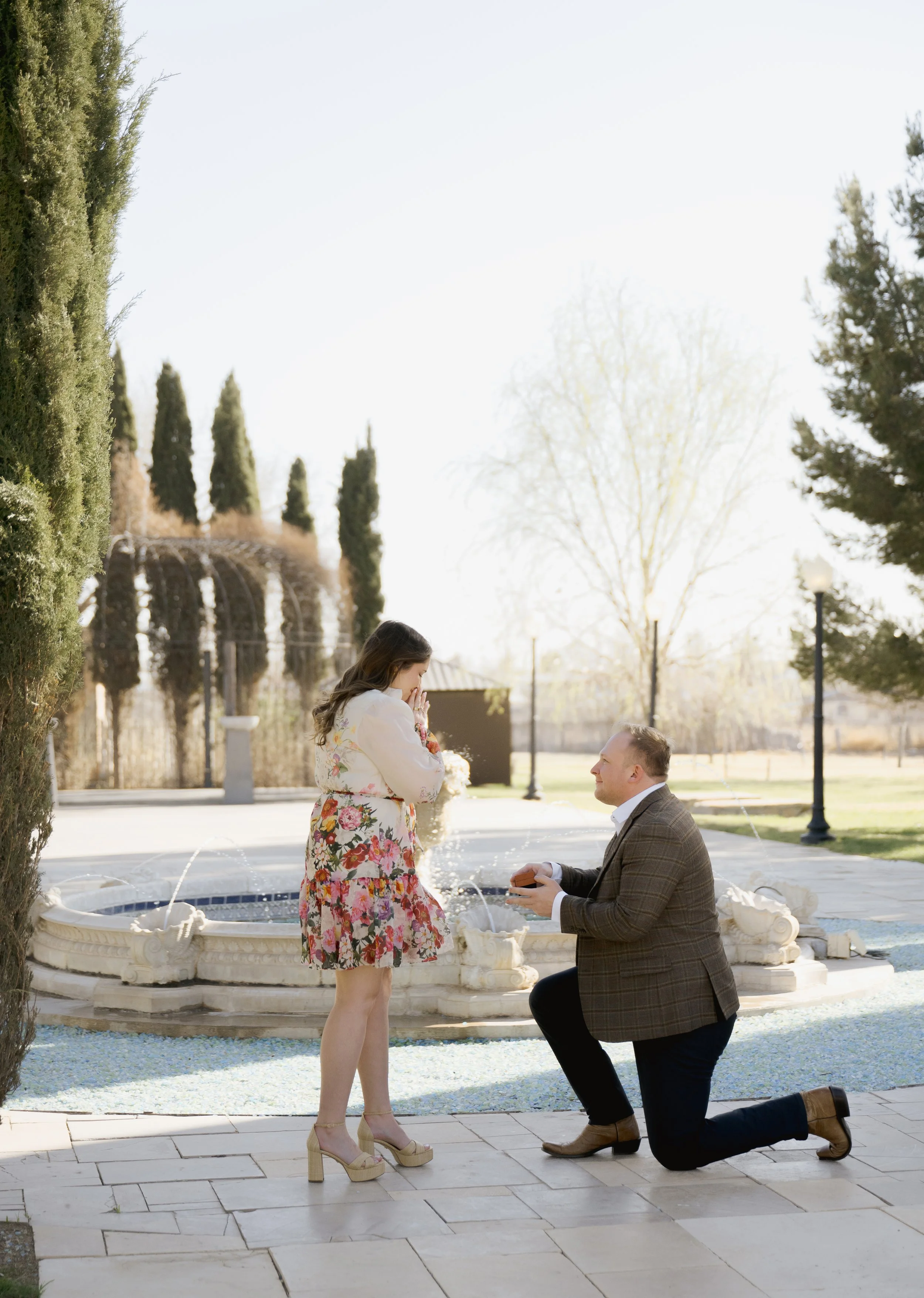 A man proposing to a woman at a park with a fountain, trees, and lampposts in the background.